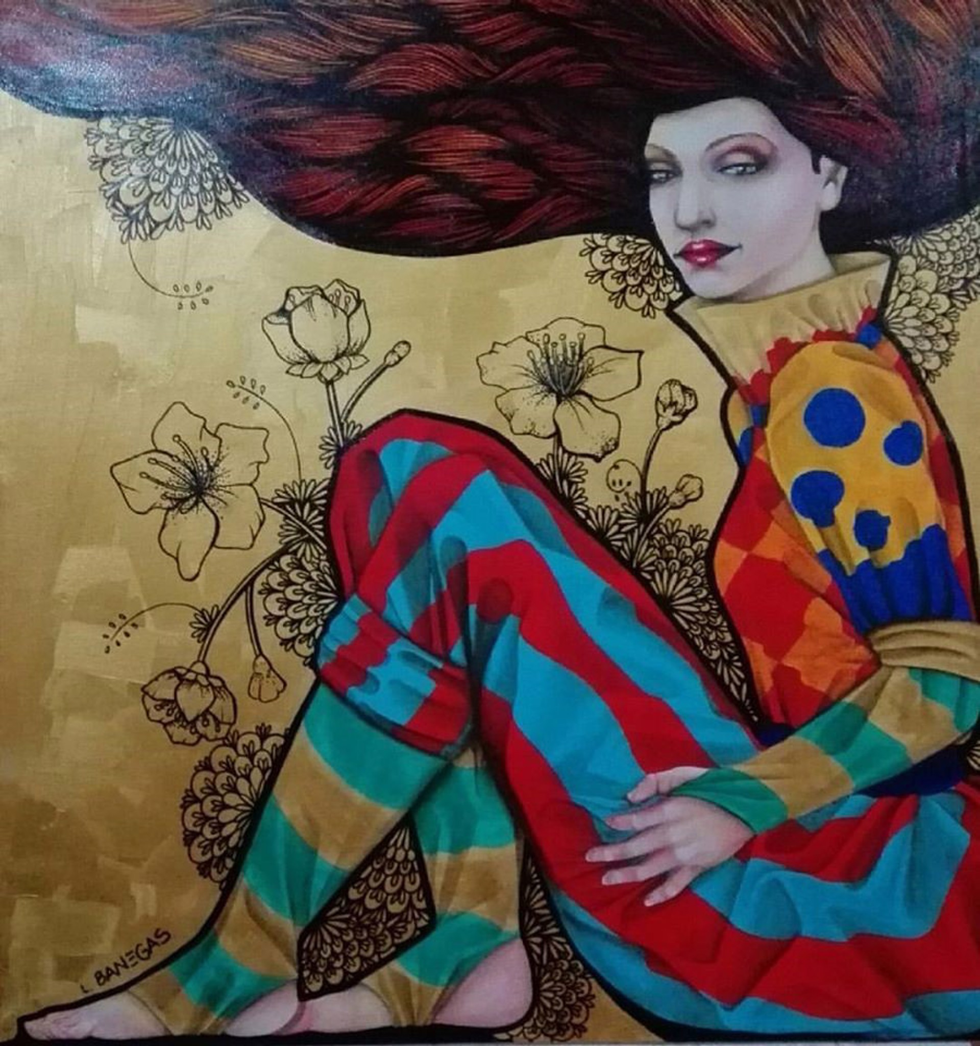 Moment of Respite woman in blue&red striped pants by Leticia Banegas