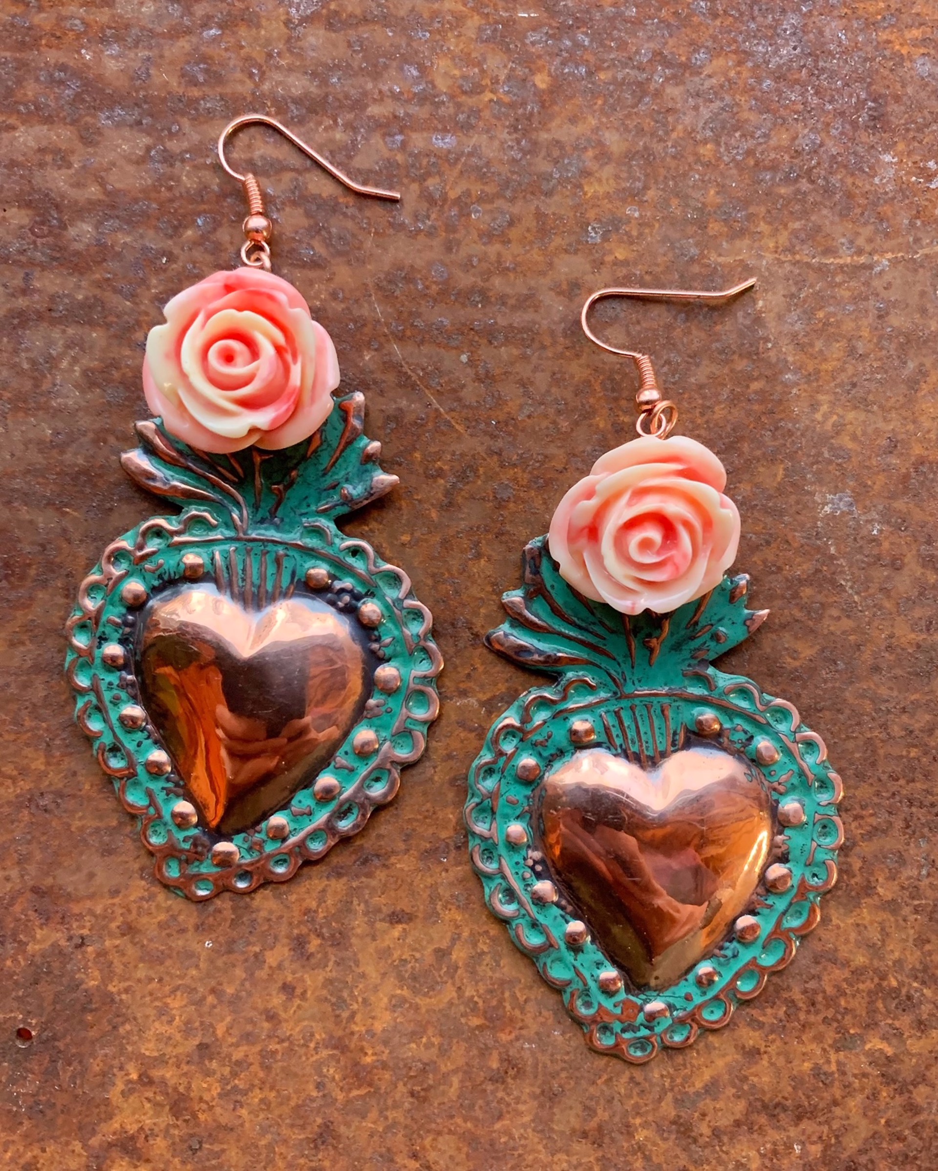 K799 Sacred Heart Earrings with Pink Roses by Kelly Ormsby