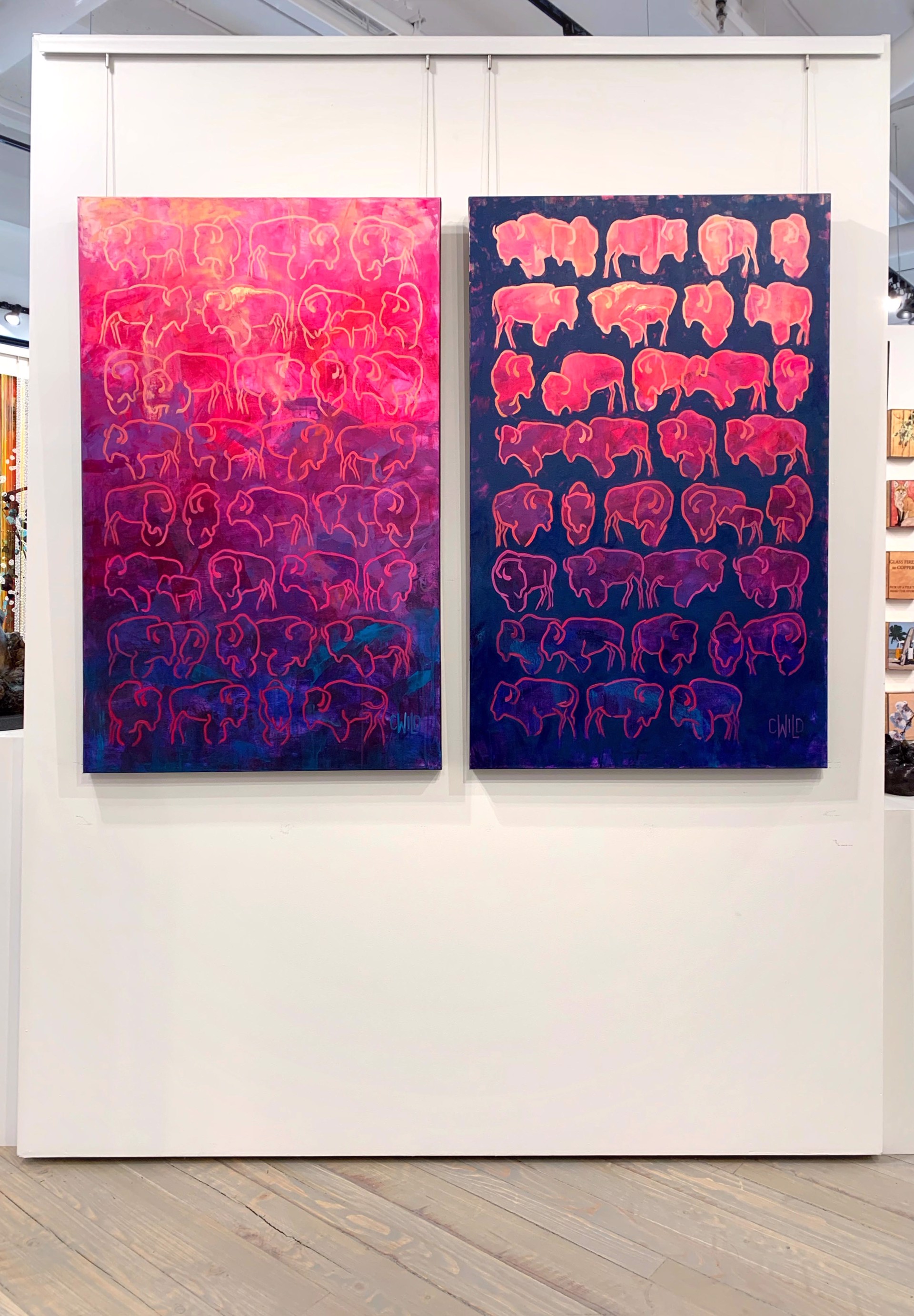 A Part Of Carrie Wild's Rendezvous Series Of A Herd Of Colorful Bison On An Ombre Background