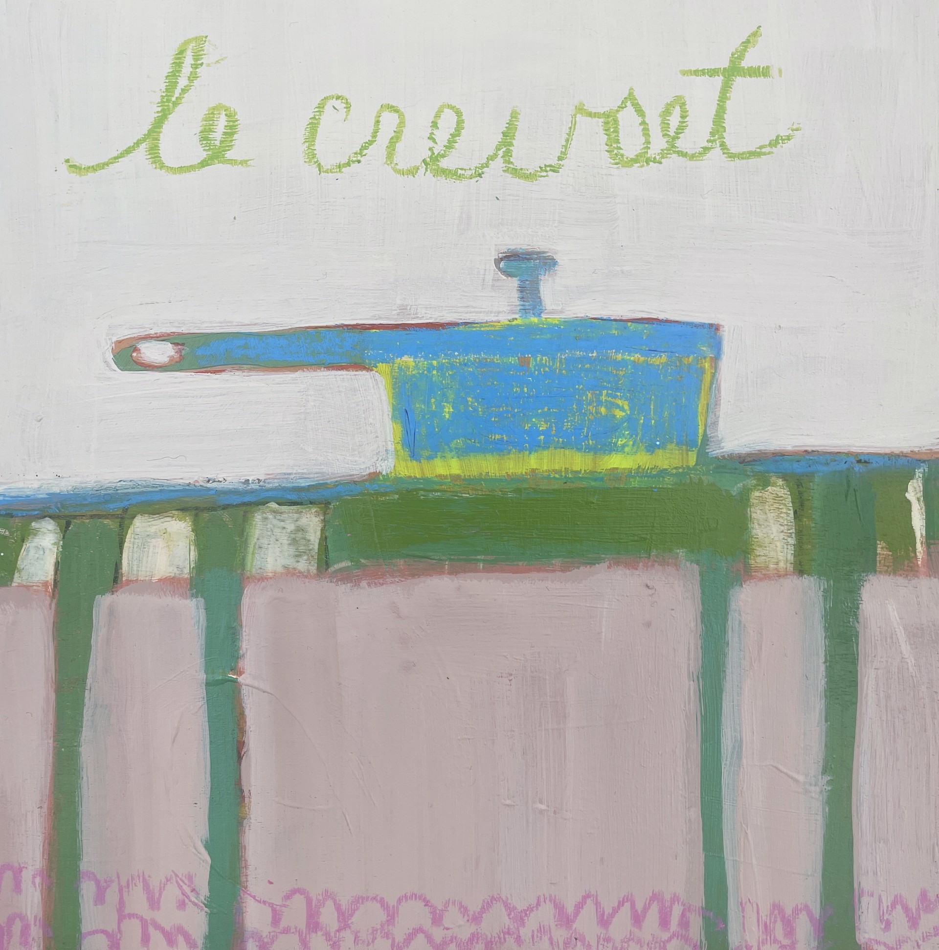Light Blue Le Creuset on Green Table by Rachael Van Dyke