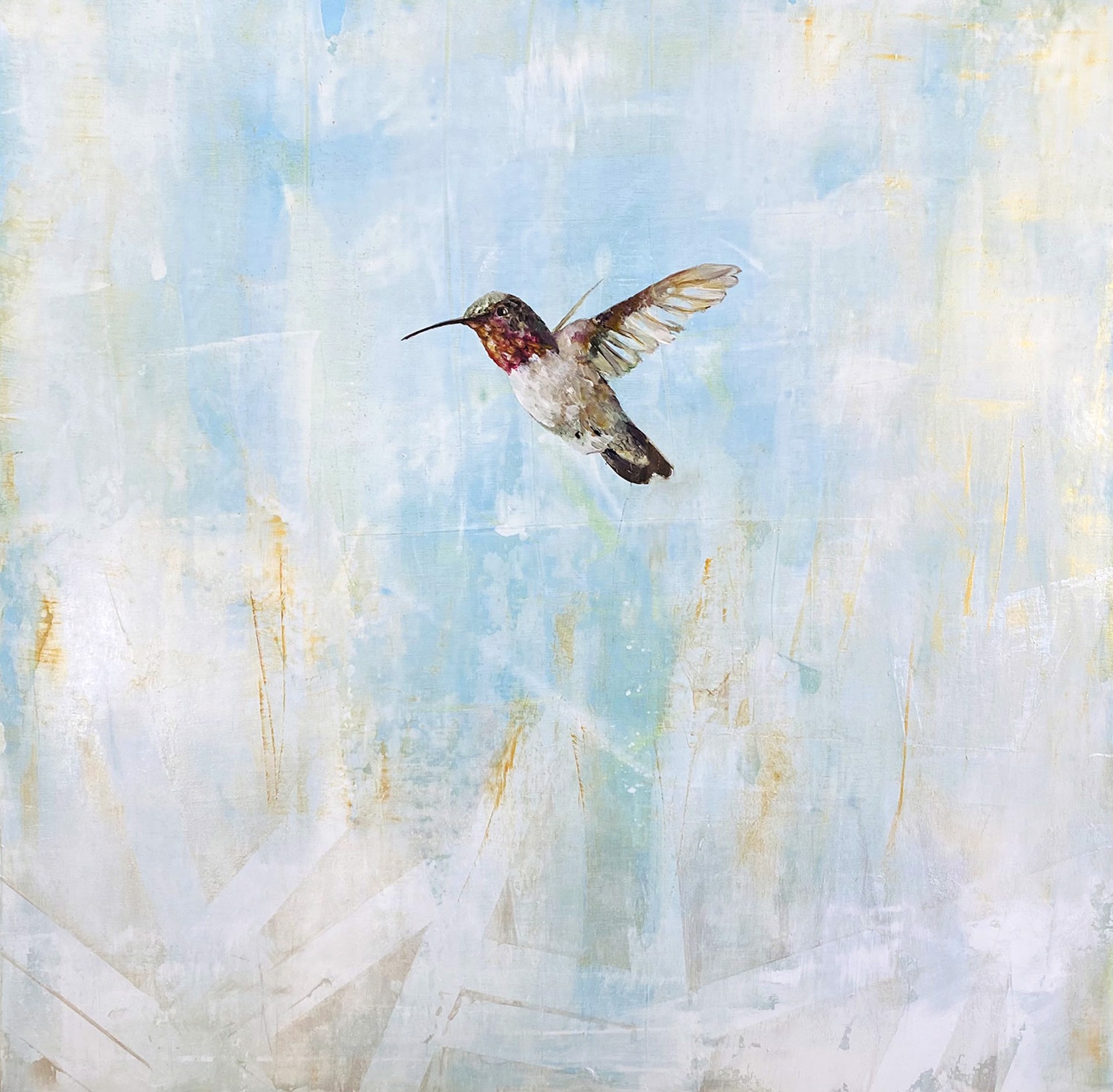 A Contemporary Painting Of A Flying Hummingbird On A Blue And Gold Background By Jenna Von Benedikt At Gallery Wild
