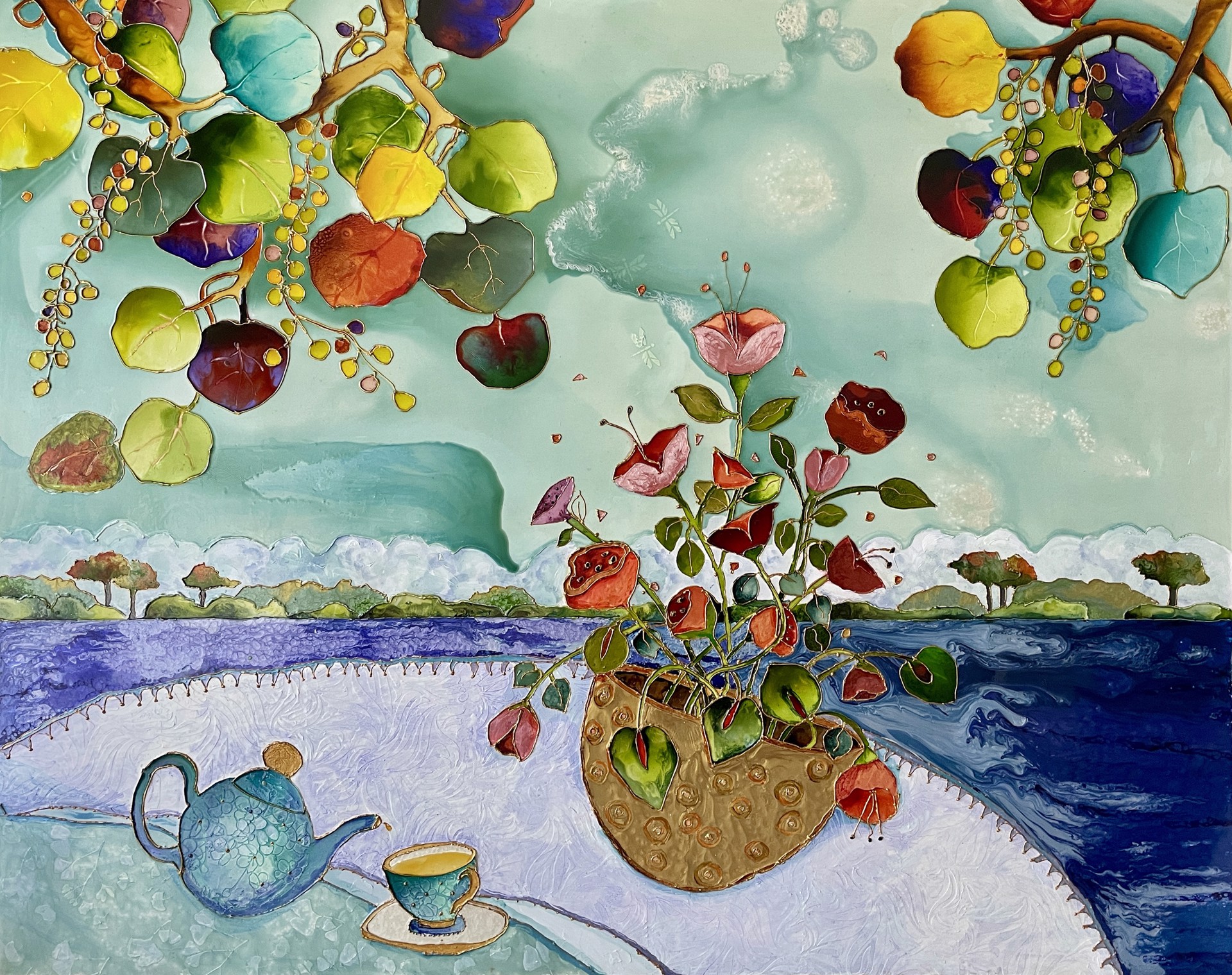 Mixed media on panel floral still life painting Tea on the Terrace by Genie Appel-Cohen