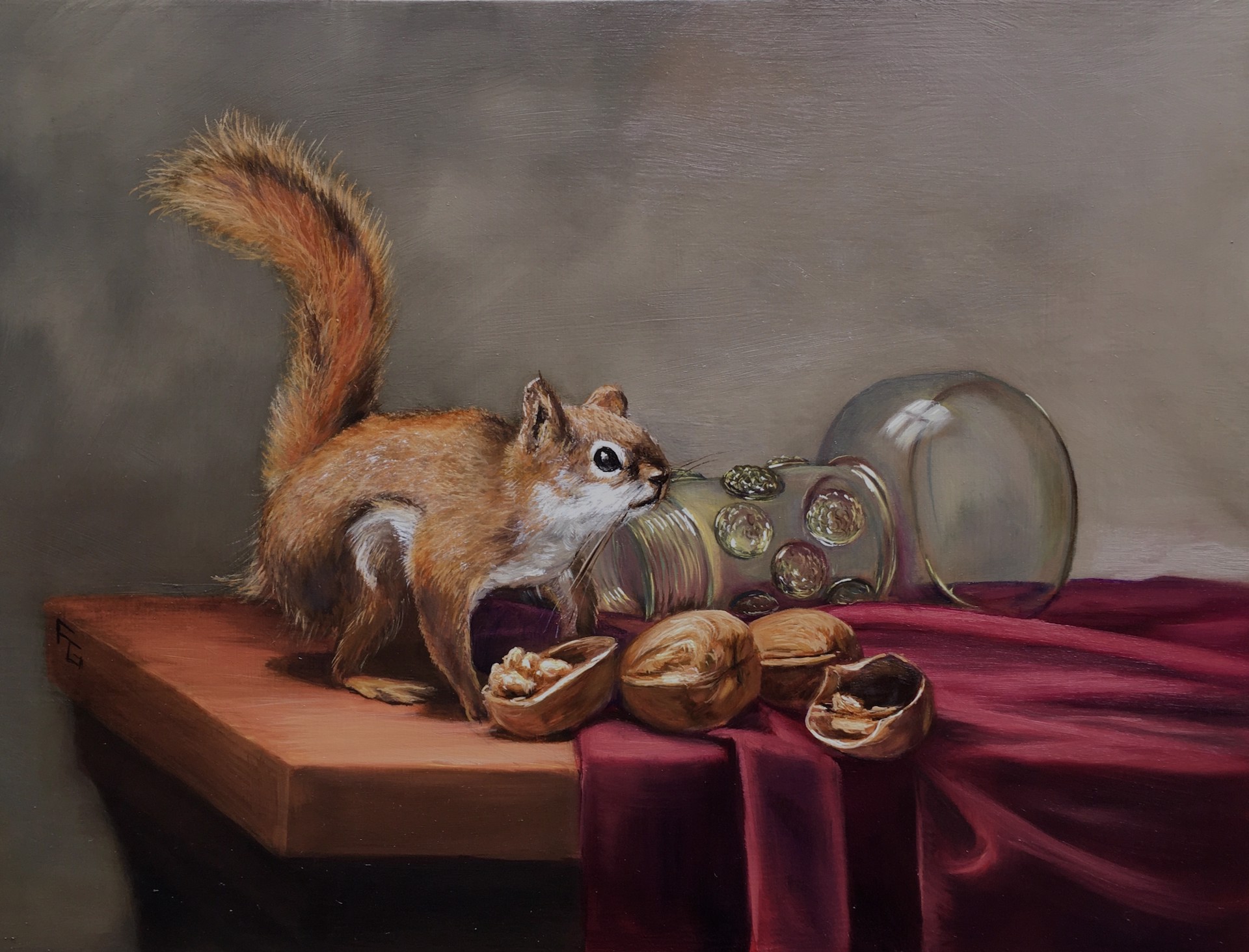 Red Squirrel with Walnuts and Roemer Glass by Frankie Gollub
