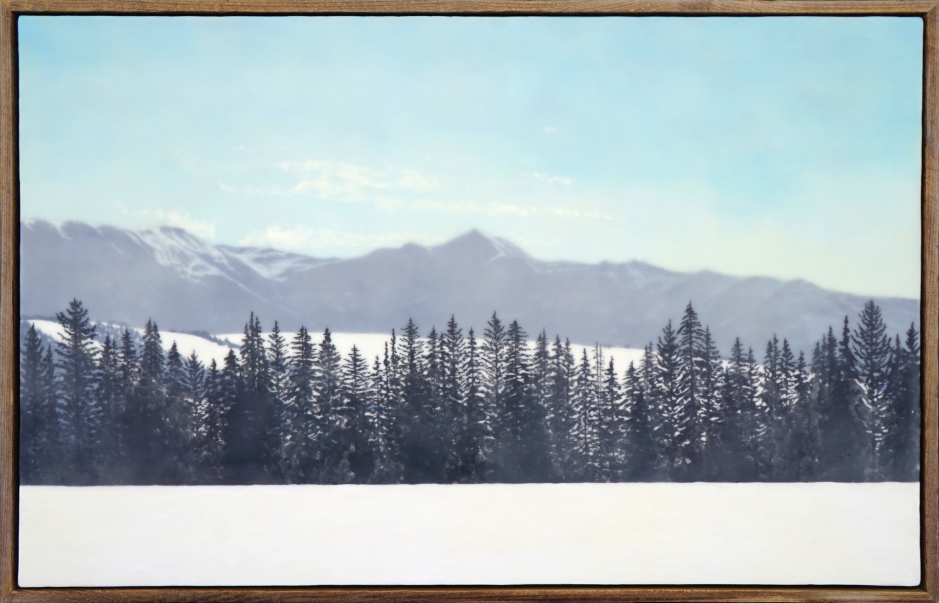 A Landscape Painting Made With Encaustic And Milk Paint Of Pine Trees And Mountains In The Distance By Bridgette Meinhold