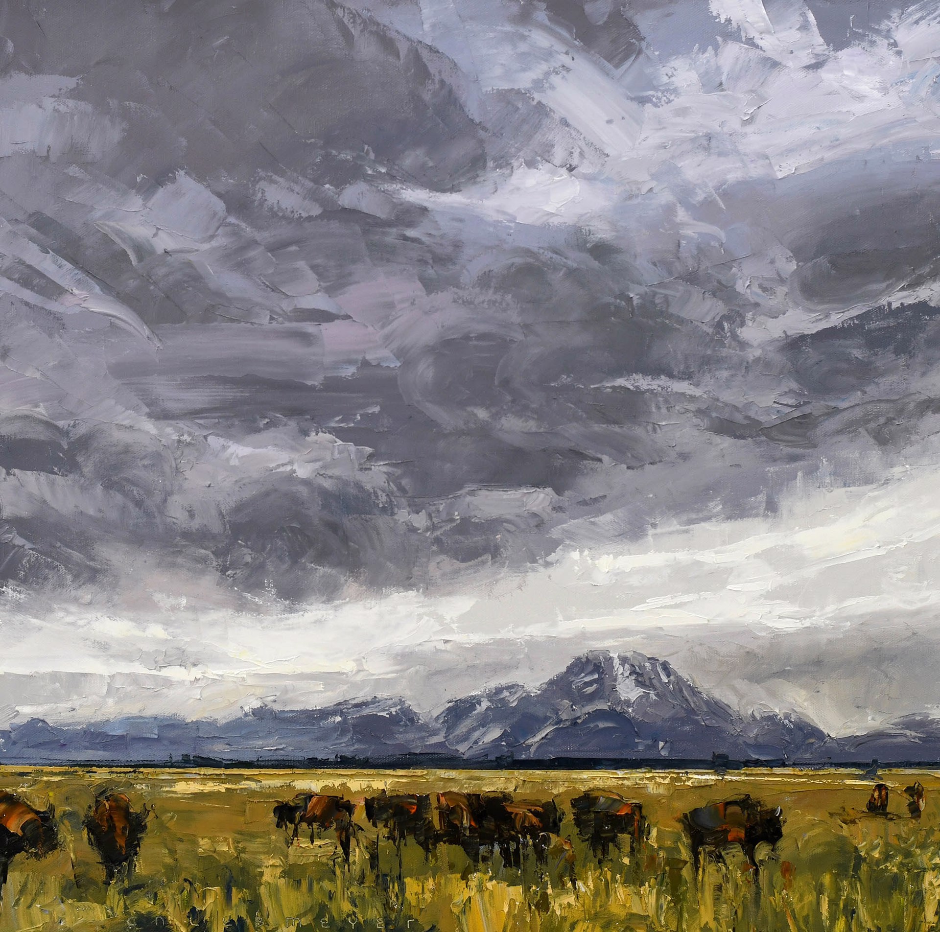 Original Oil Painting Featuring A Distant Mountain Landscape With Bison Grazing And Stormy Skies