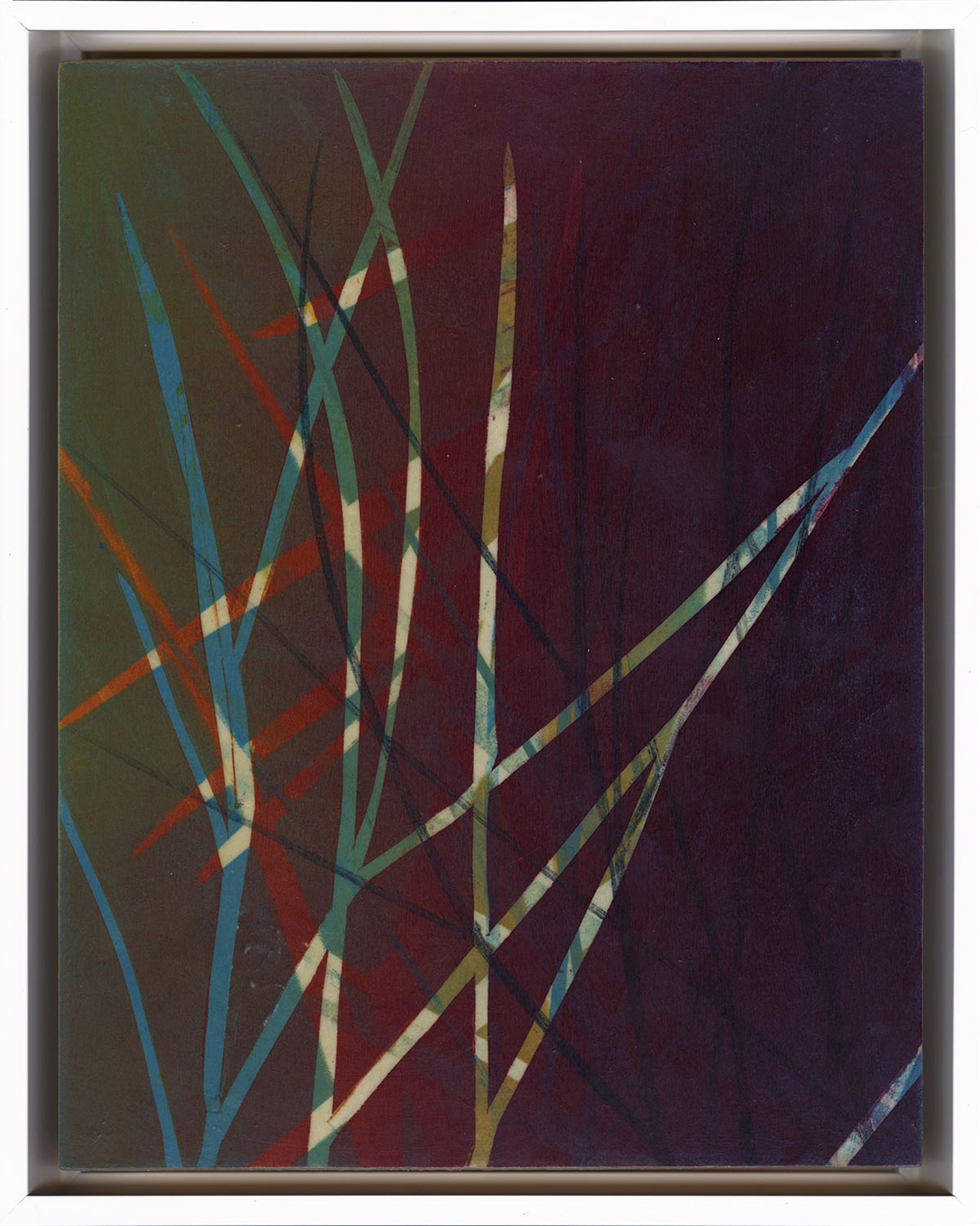 Original Monotype Print Featuring Grass Silhouette In Red And Blue Overlay