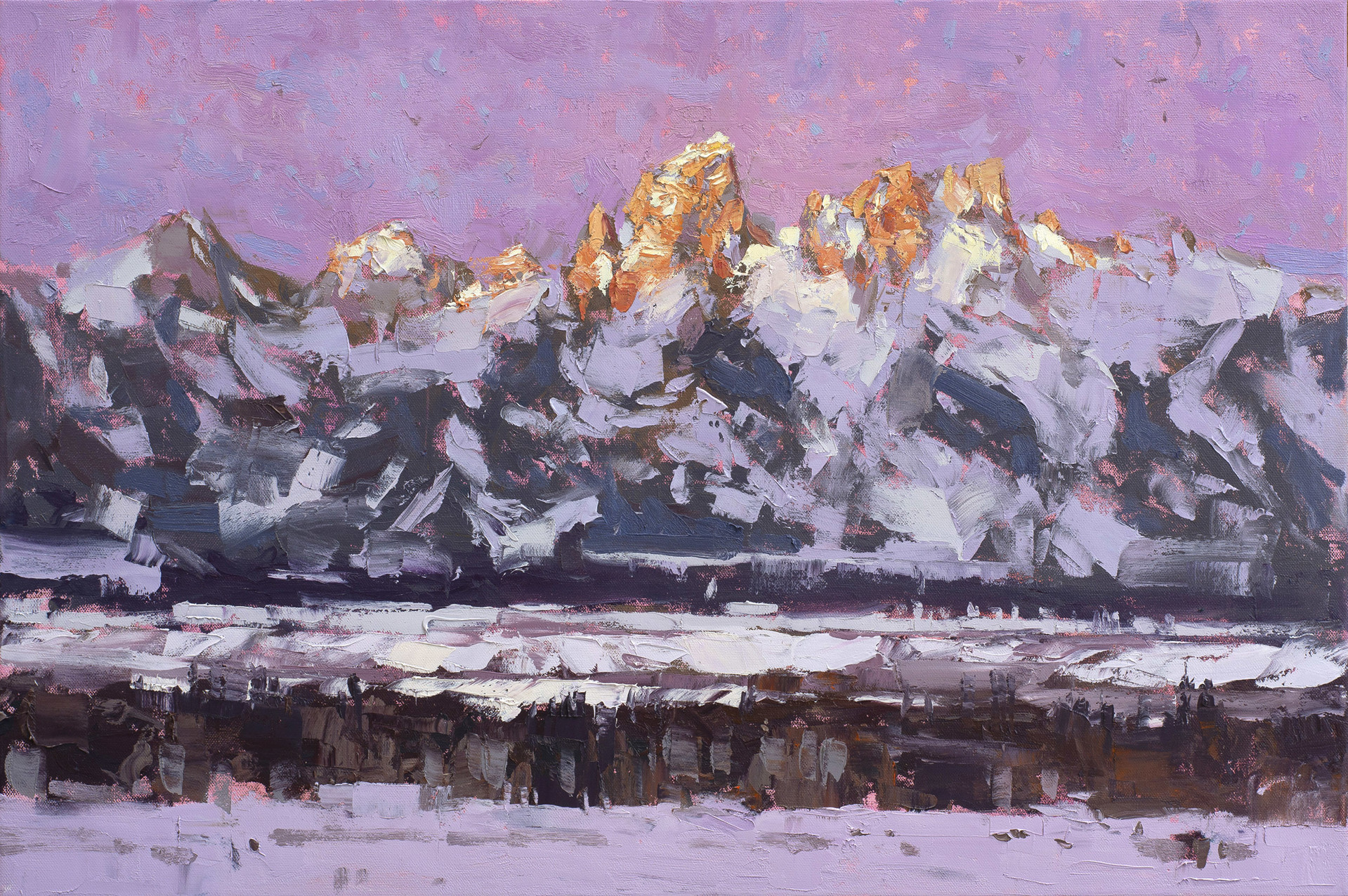 Original Oil Landscape Painting Featuring Tetons With Orange Sunrise Highlight And Purple Sky