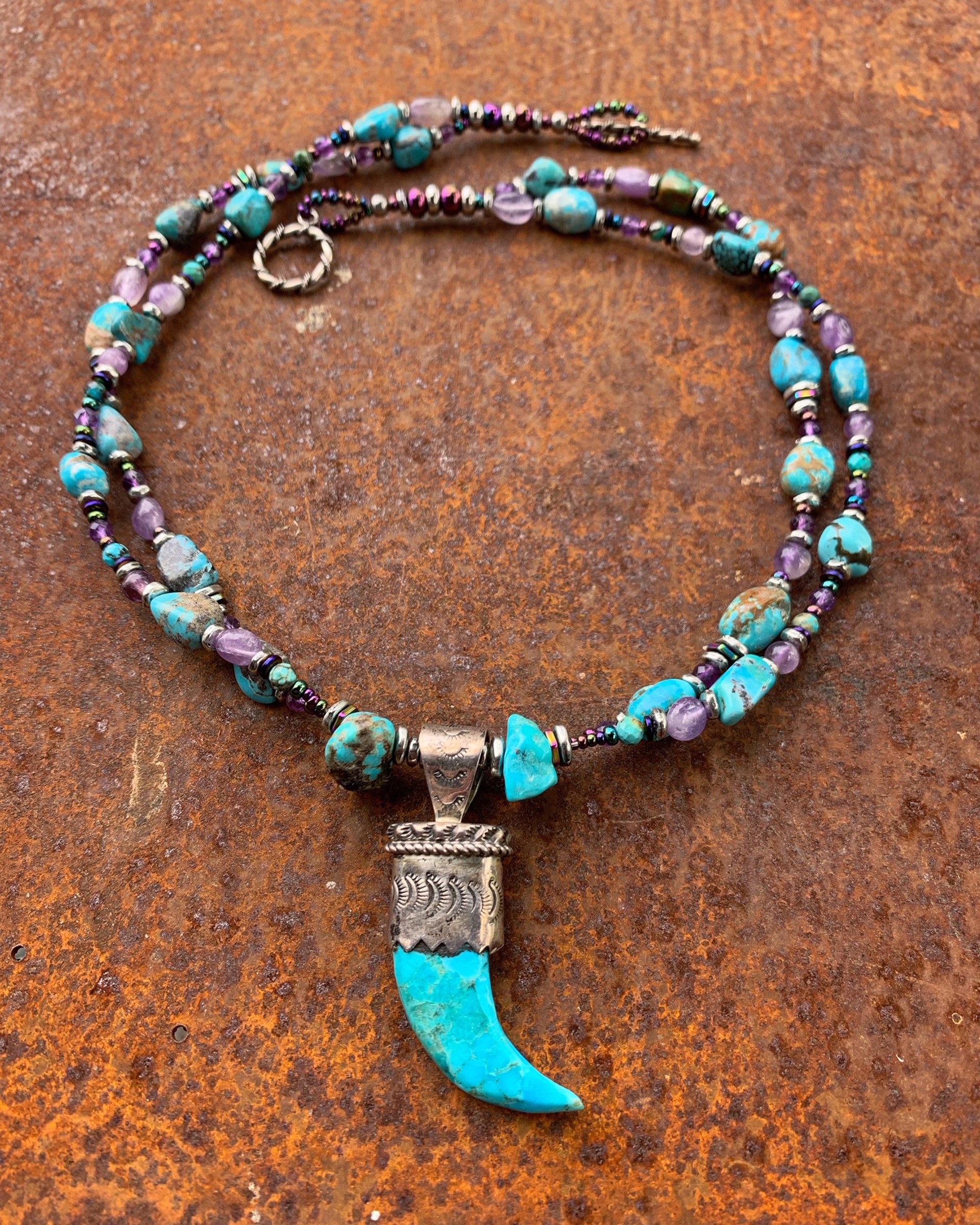 K823 Turquoise and Amethyst Bear Claw Necklace by Kelly Ormsby