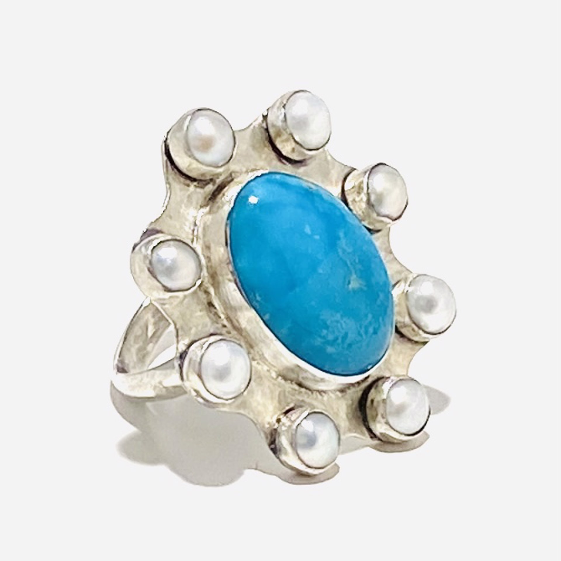 Oval Alpine Village Turquoise Cabochon with Eight Pearls Ring sz8 AB23-1 by Anne Bivens