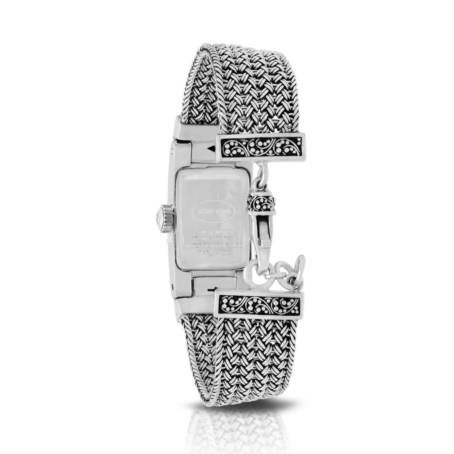 9762 Scroll Engraved Rectangular Bezel Watch with Handwoven Sterling Silver Textile Weave Band by Lois Hill