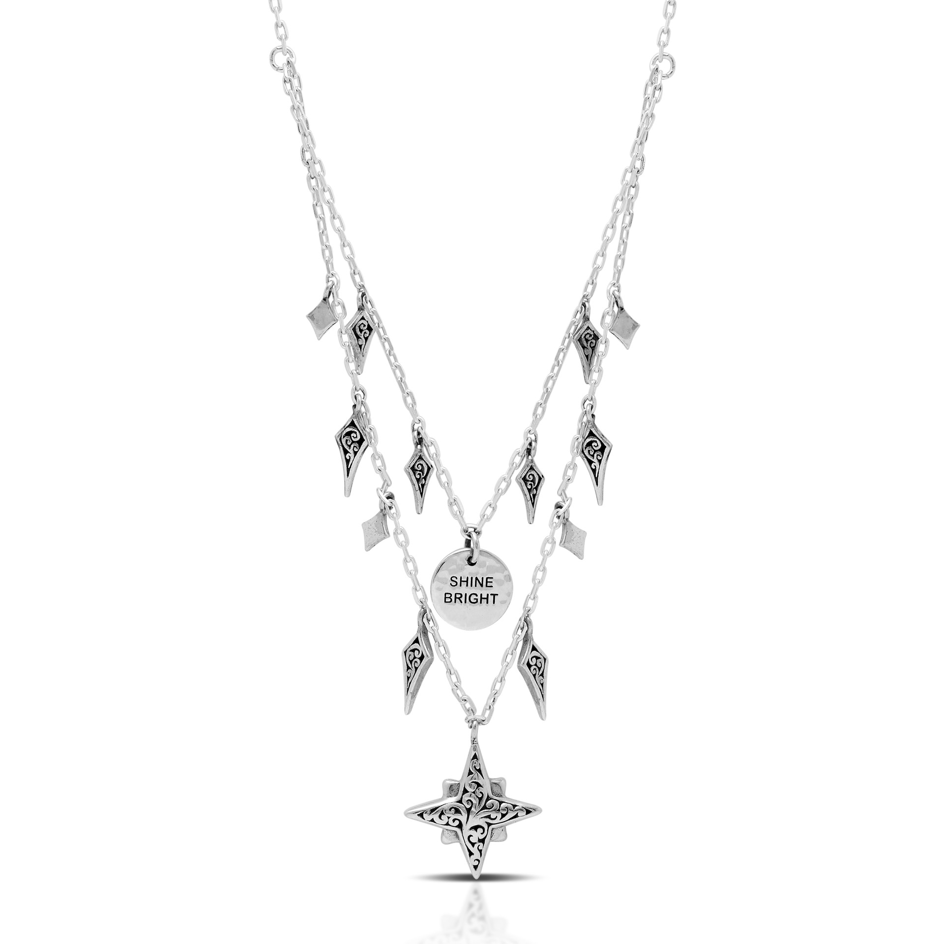 9758 Sterling Silver Layered Star Necklace with "Shine Bright" Pendant by Lois Hill