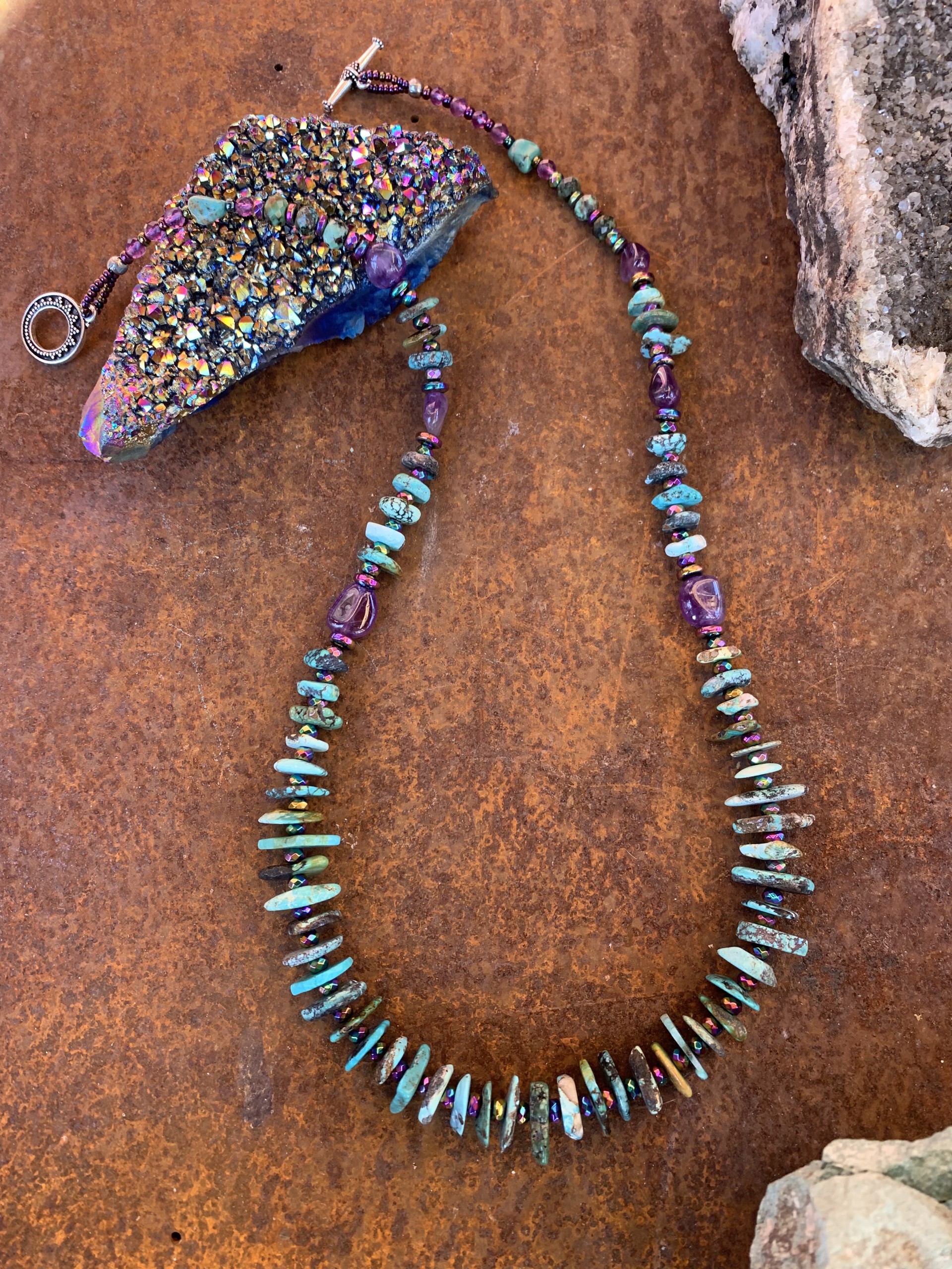 K757 Turquoise Chip Amethyst and Hematite Necklace by Kelly Ormsby