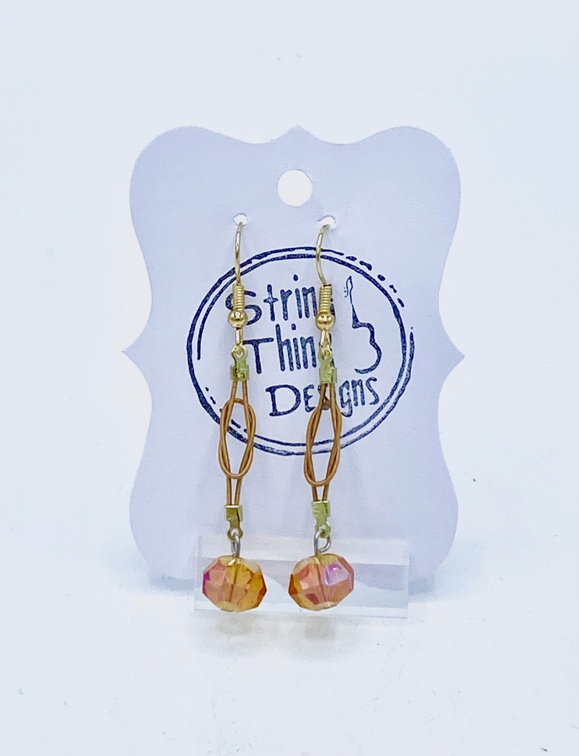 Guitar String Gold Peach Bead Earrings by String Thing Designs