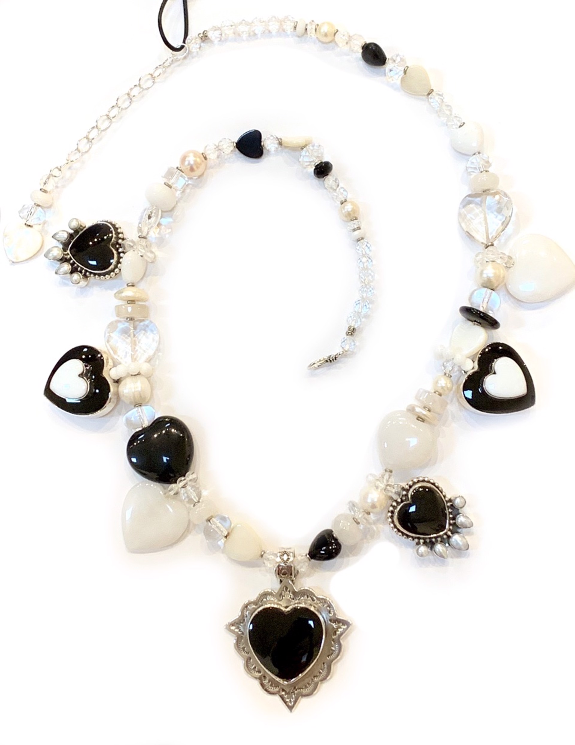 KY 1329-Single strand w black onyx, rock crystal, fresh water pearls by Kim Yubeta