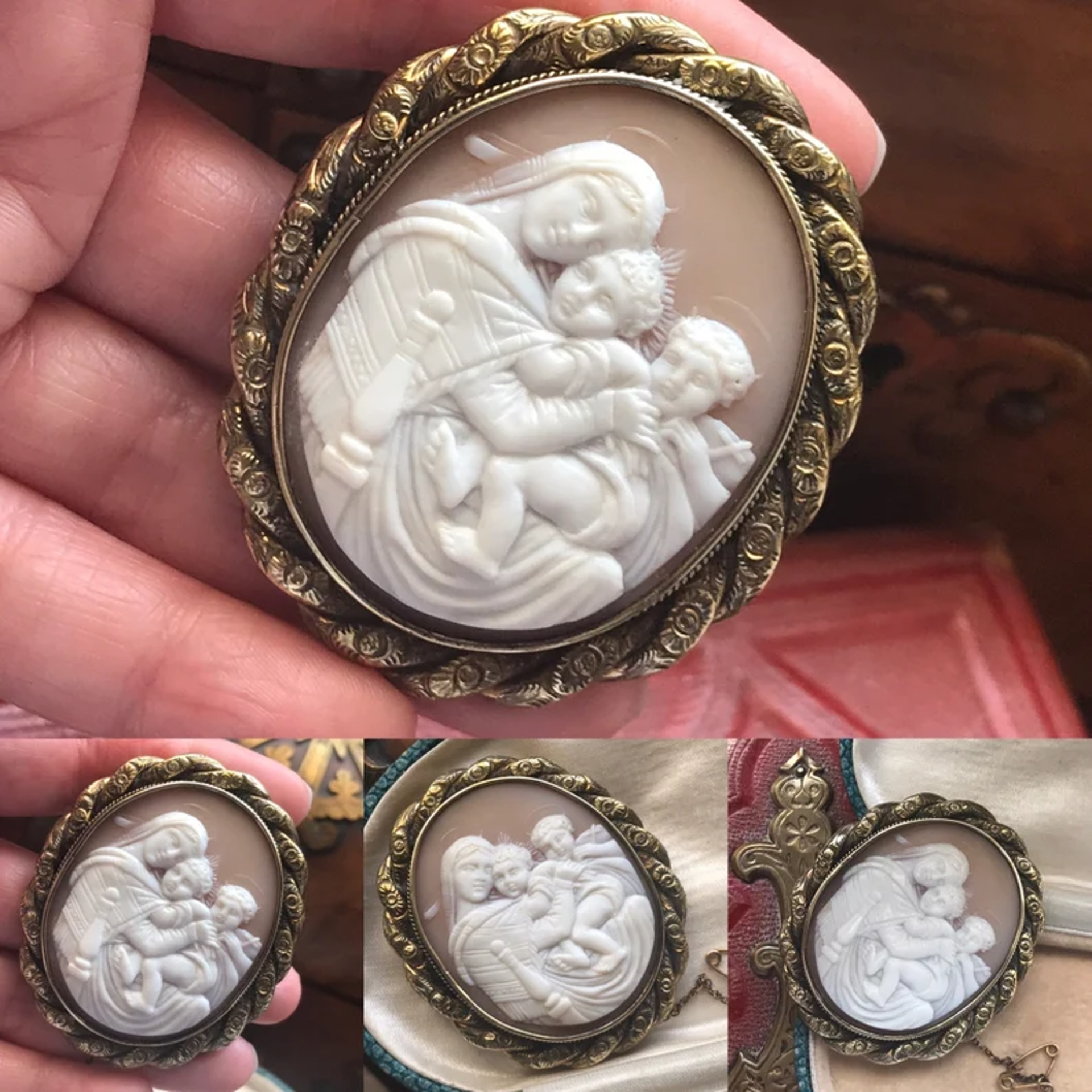 Victorian/Edwardian Italian religious Madonna with child, carved shell cameo brooch/pin by Cameo