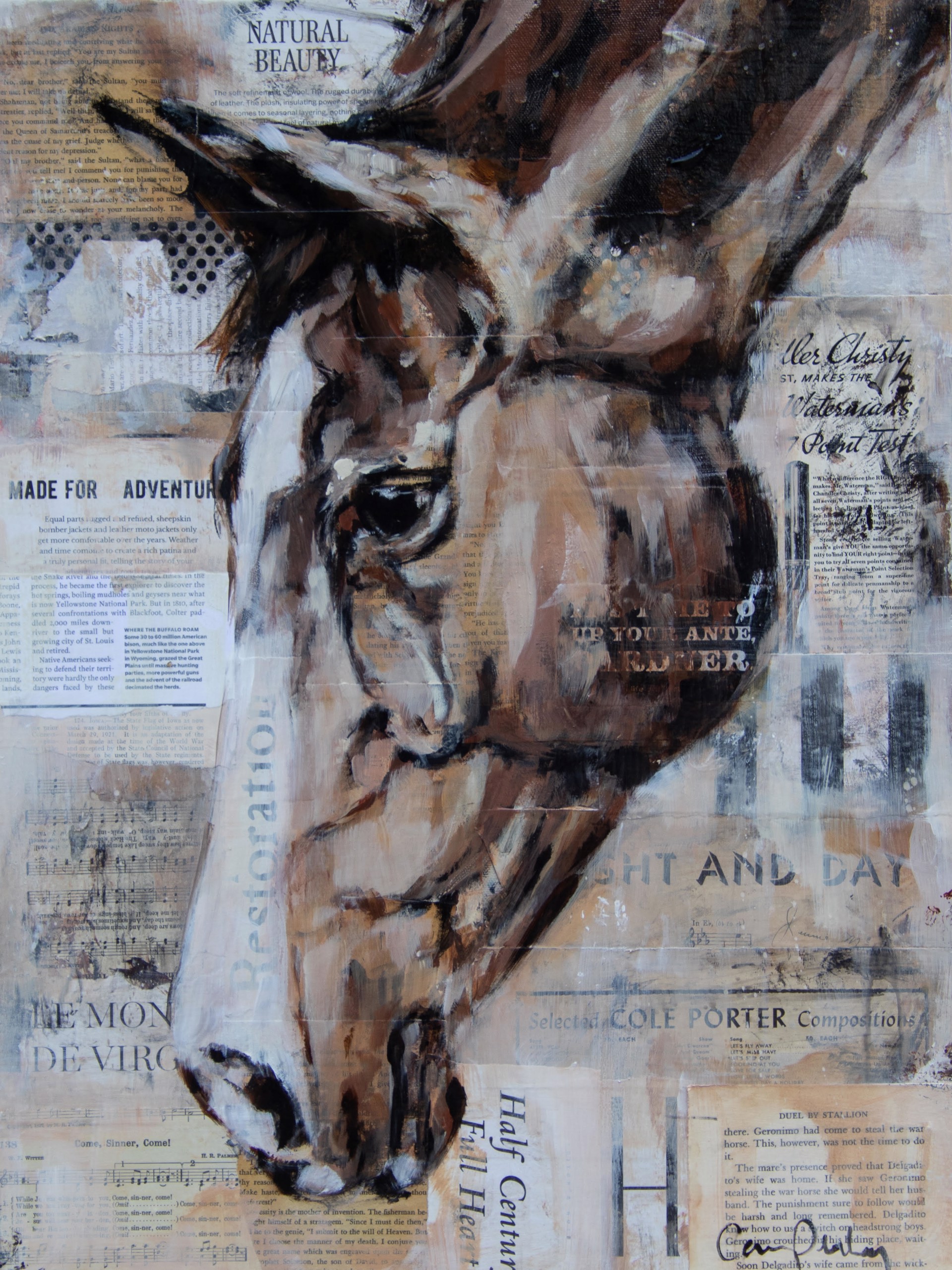 Original Artwork, Painting, Of A Horse Head With A Collage Background, By Artist Carrie Penley