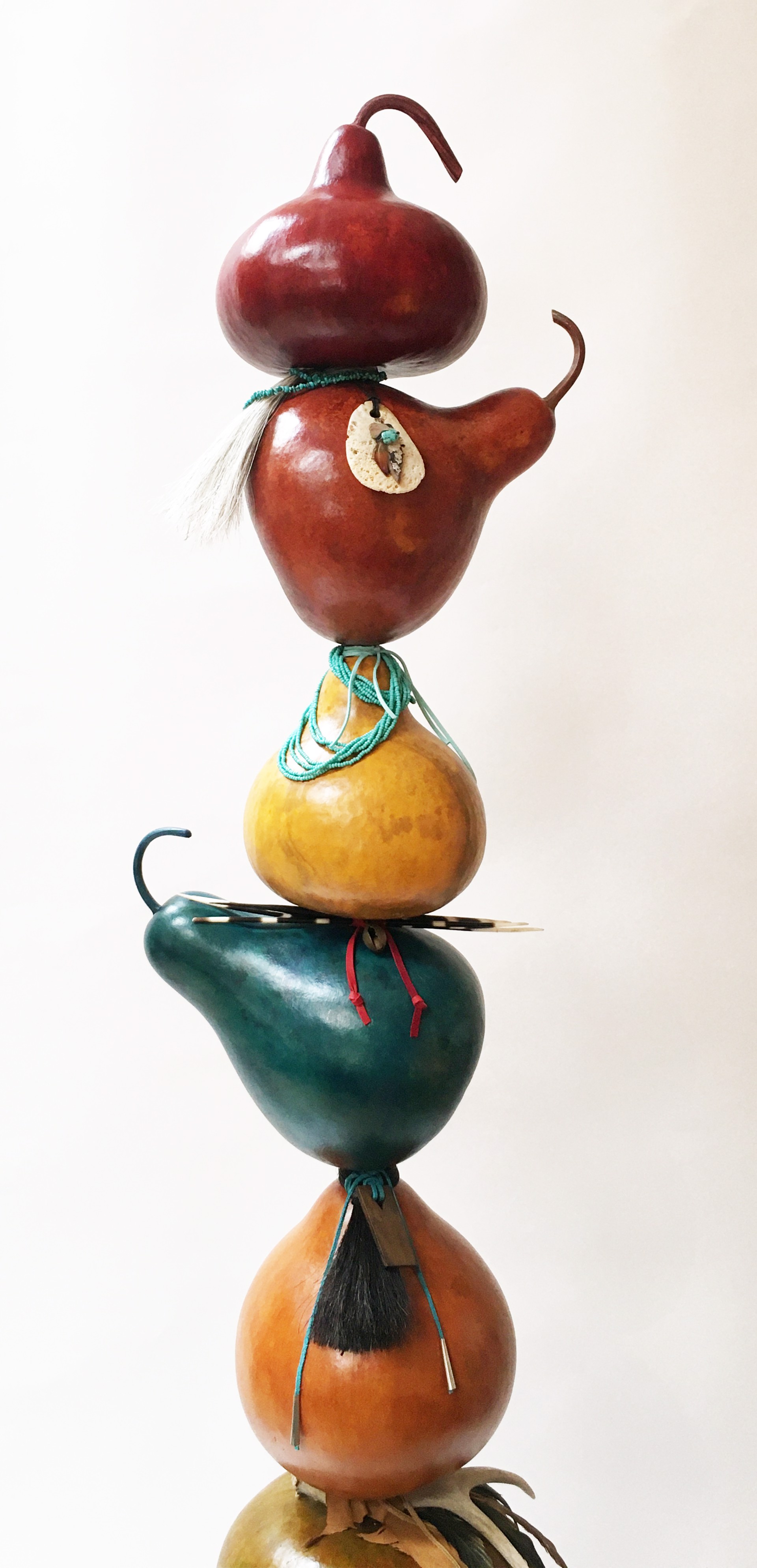 Gourd Totem ~ Stained and painted gourds horn, feathers, beads and leather. by Gary & Glenis Leitch