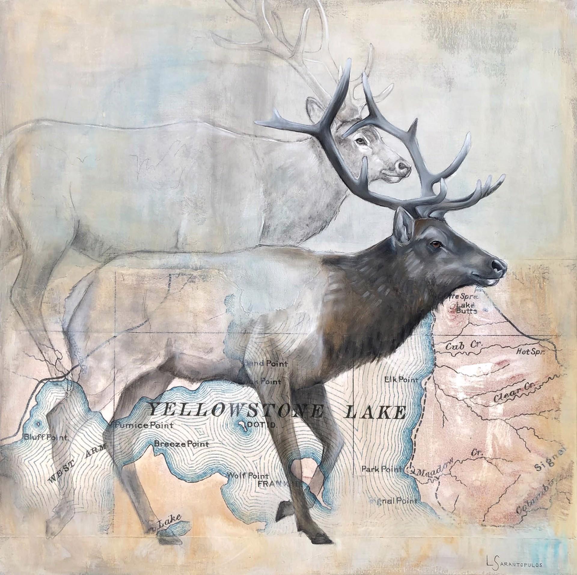 Original Mixed Media Painting Featuring An Elk Sketch Overlayed Onto Yellowstone Lake Map Collage
