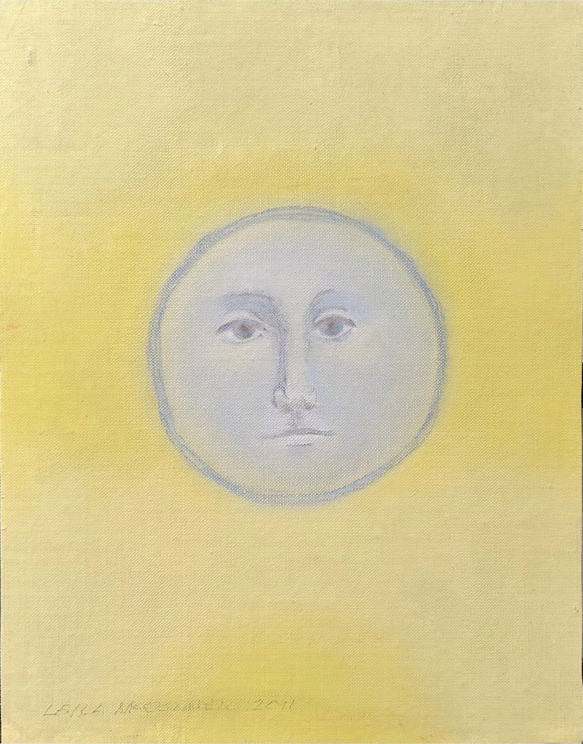 Moonface - light blue gray on yellow by Leila McConnell