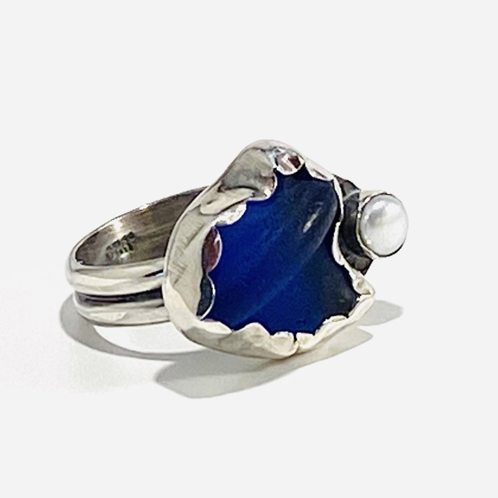 Dark Blue Sea Glass Pearl Accent Ring sz8 AB23-13 by Anne Bivens