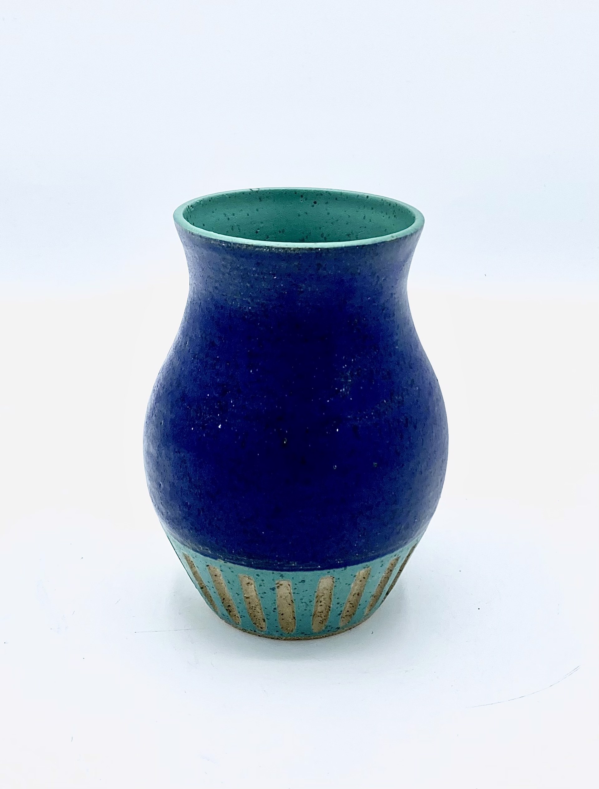 Purple Crystal and Teal Glazed Carved Vase by Messy Pots Pottery