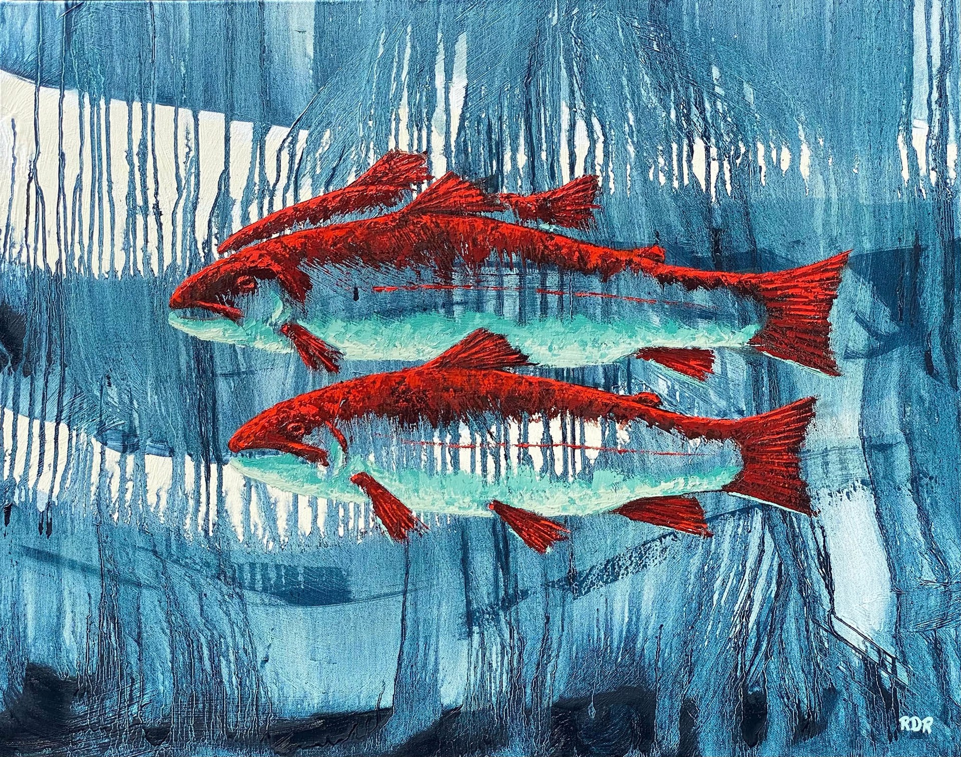 Original Oil Painting Featuring A Group Of Trout In Red And Blue Over River Like Abstract Background