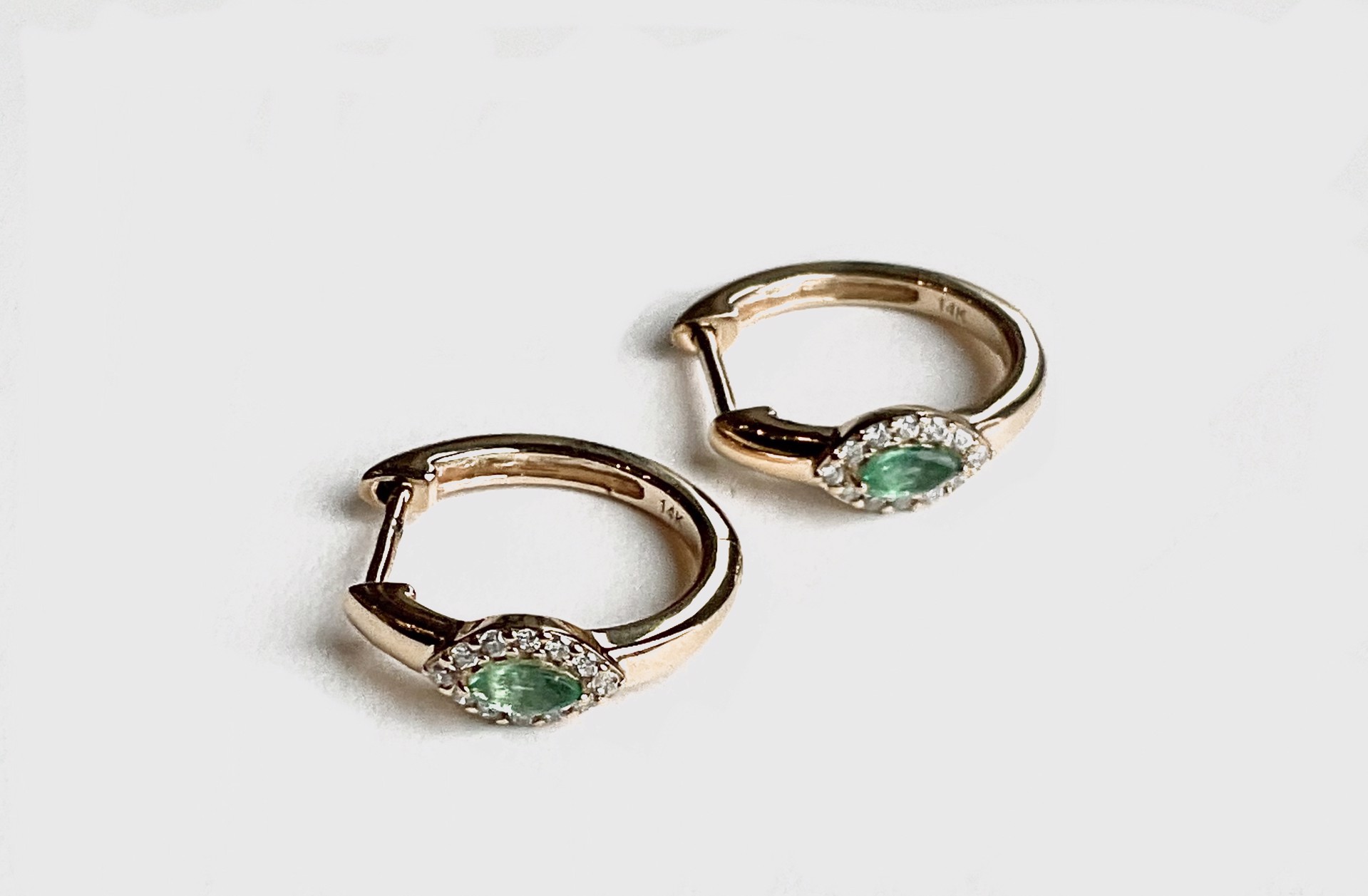 KB-E31 14K Gold Sm Hoop Earrings wMarquis Emeralds and Diamonds by Karen Birchmier