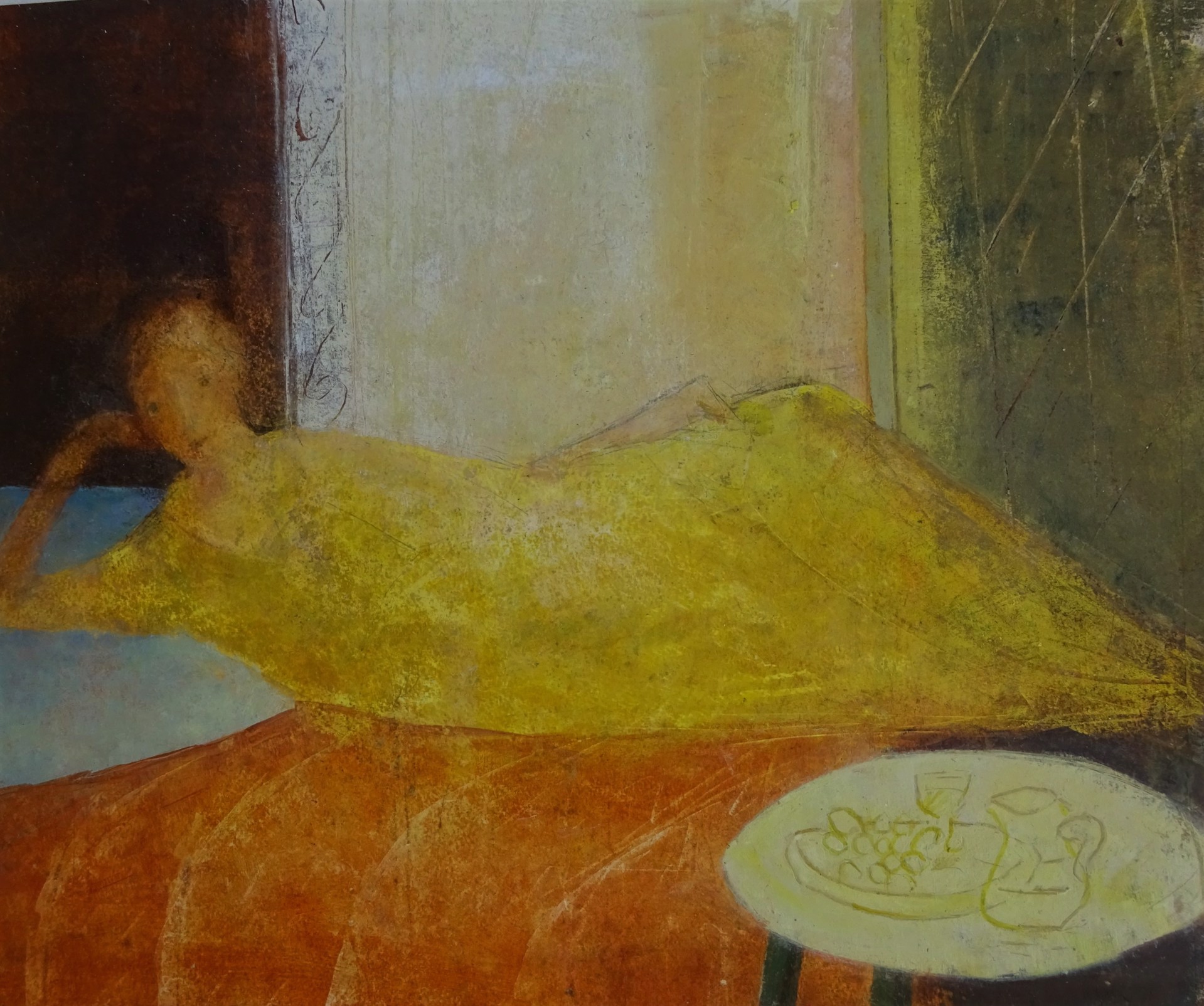 Painting of a female figure in a yellow dress reclining on a bed, with a small table in the foregroundble