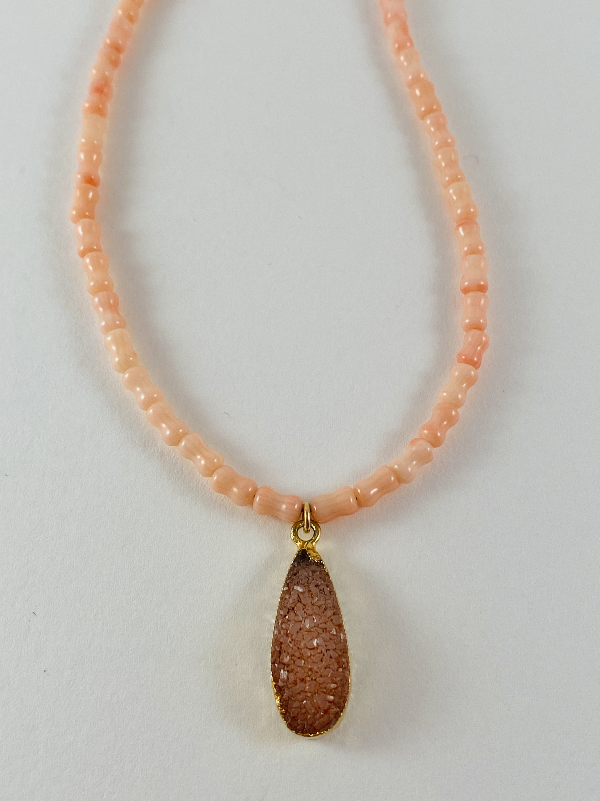 PC1 Pale Coral Bead Necklace, salmon druzy pendant by Nance Trueworthy