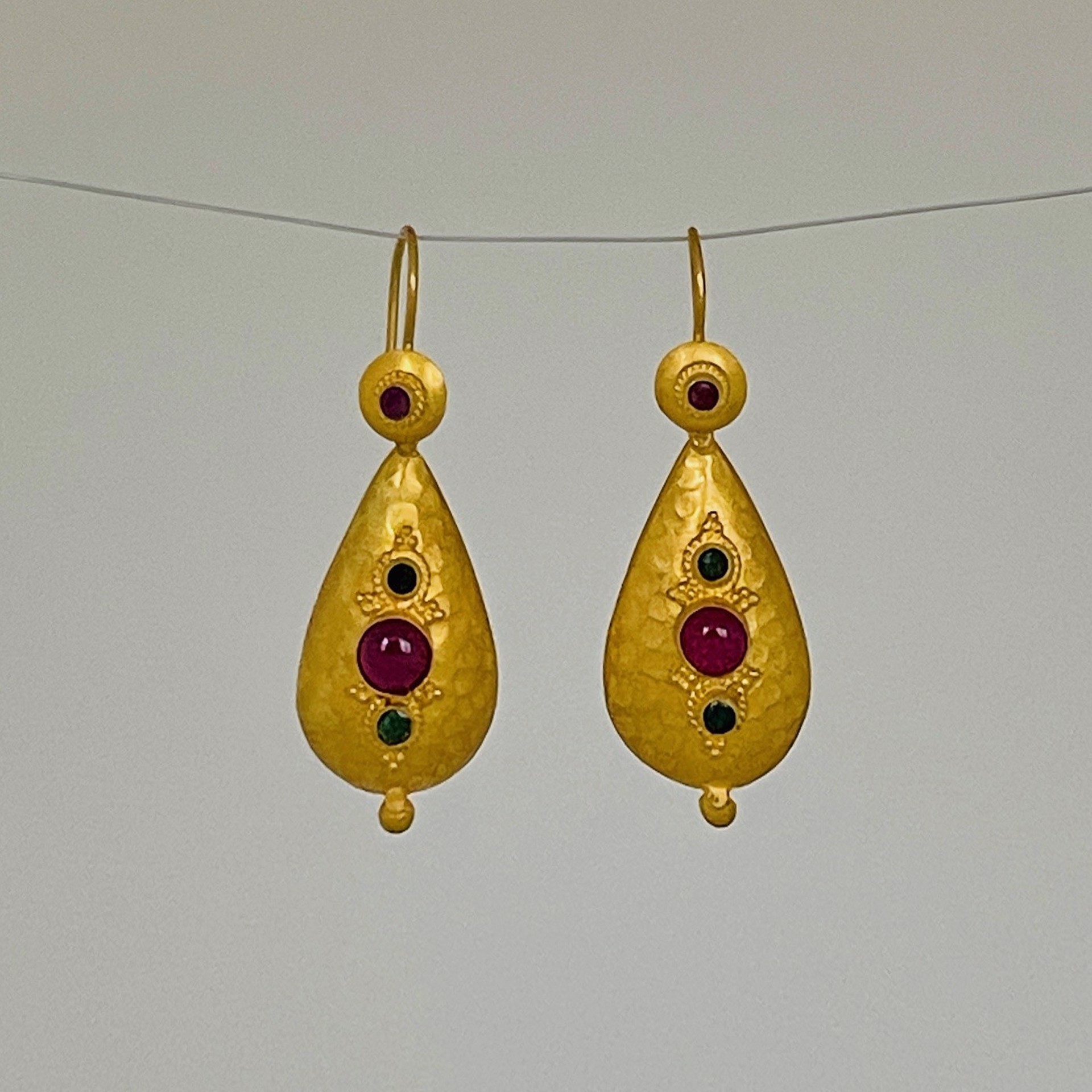 Hand Hammered Tear Drop Earrings- 18k Gold, Ruby and Emerald Bezel Set by Mara Labell