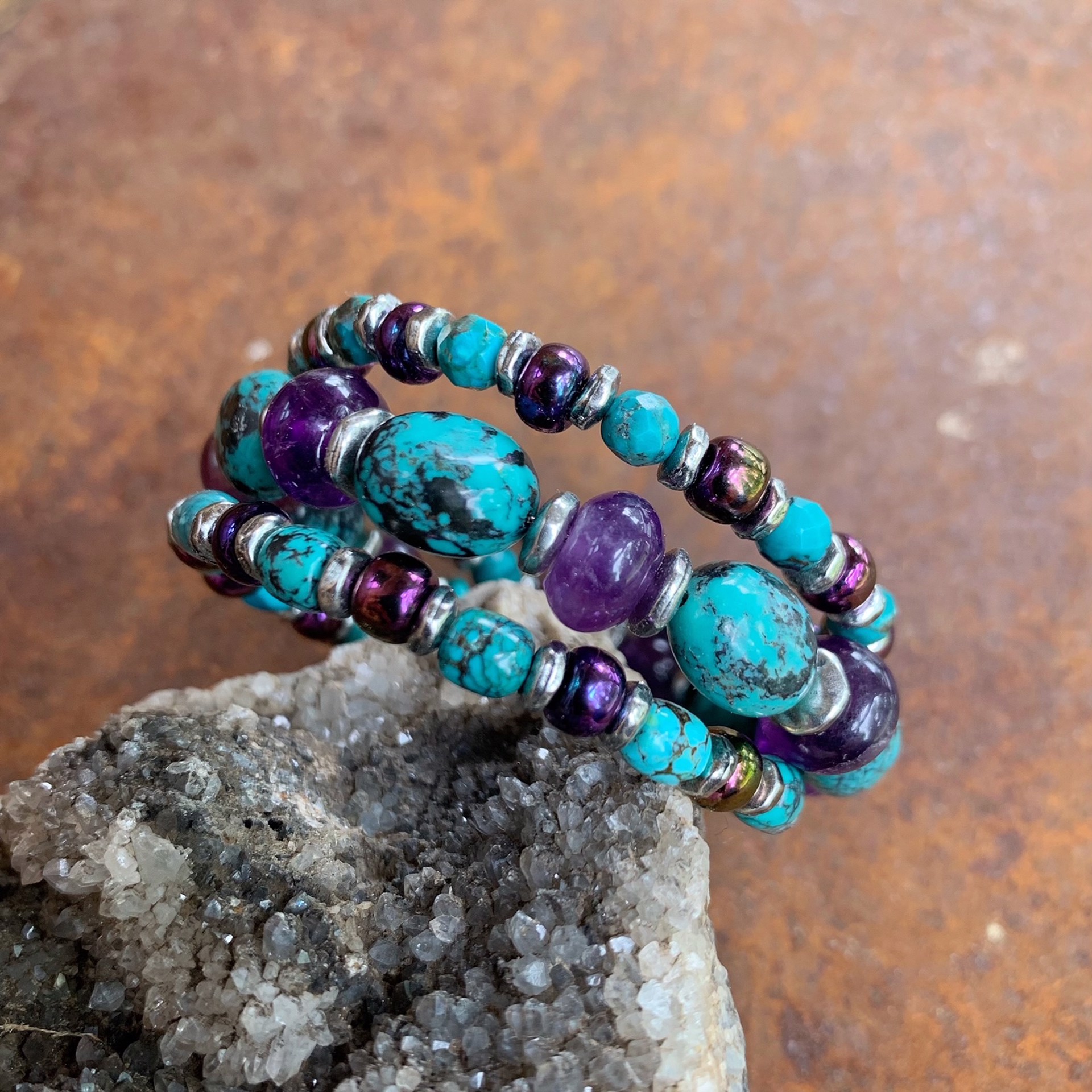 K864 Turquoise and Amethyst Wrap Bracelet by Kelly Ormsby