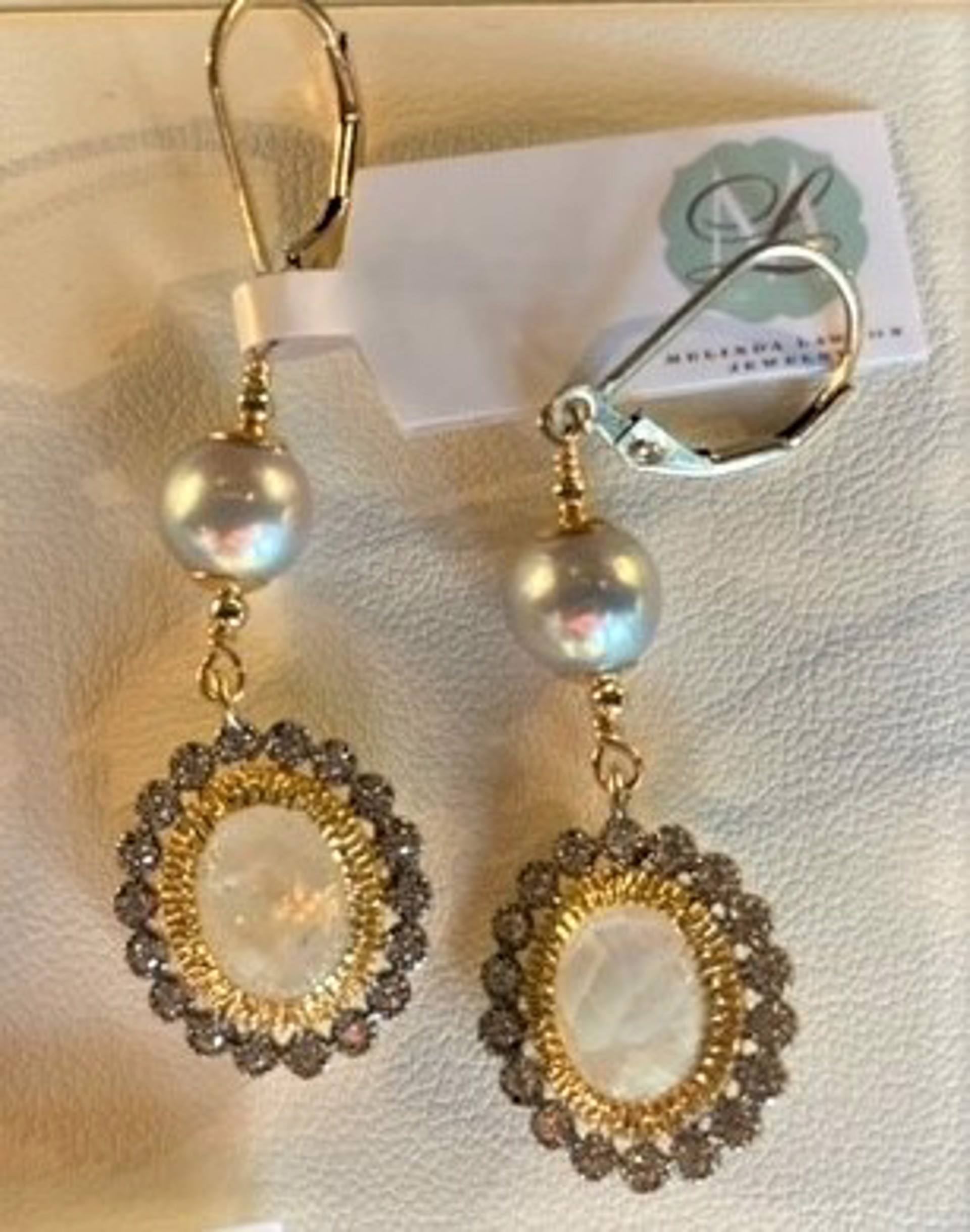 Moonstone drops surroundeed by pave white topaz with Japanese akoya pearls by Melinda Lawton Jewelry