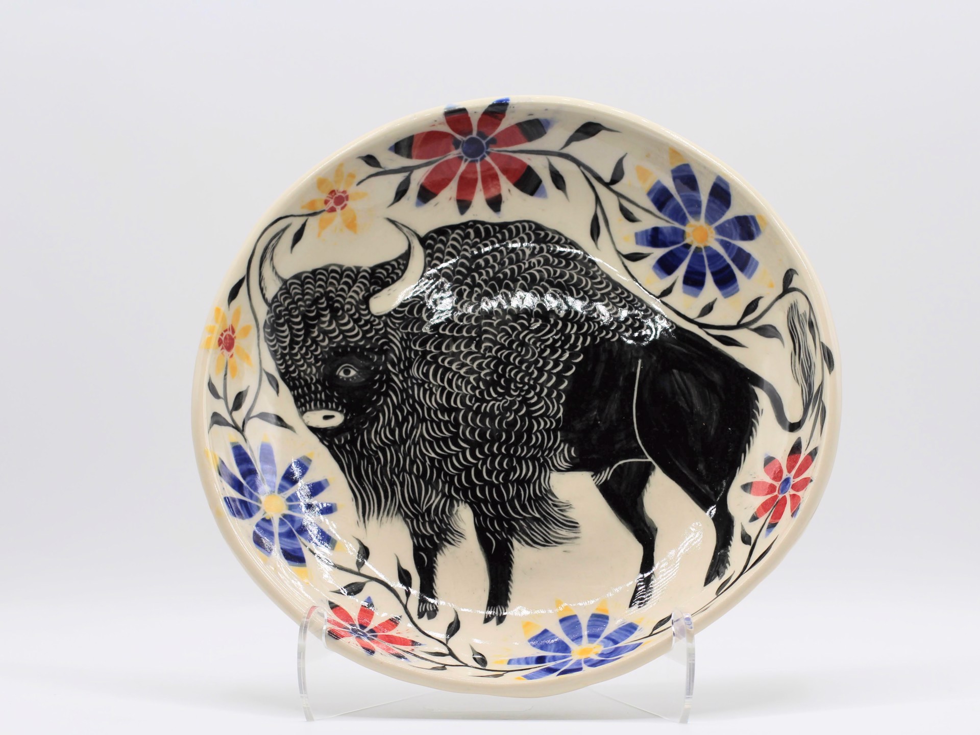 Bison And Flowers Dish by Christine Sutton