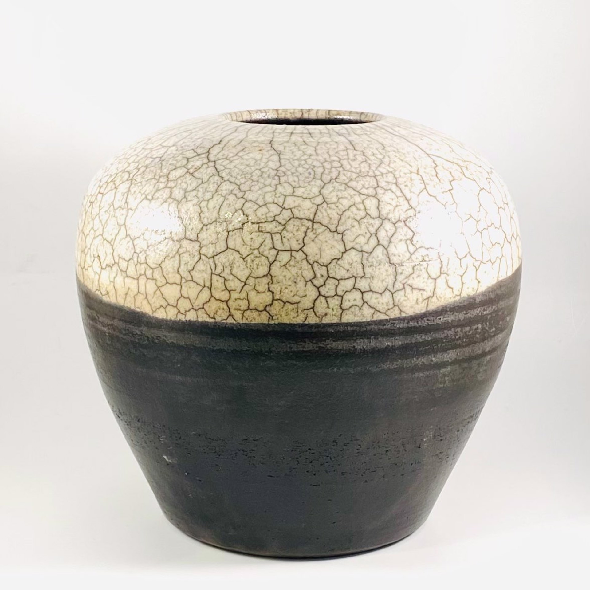 SB21-10 Large Black and White Crackle Globe Raku Vase by Silas Bradley