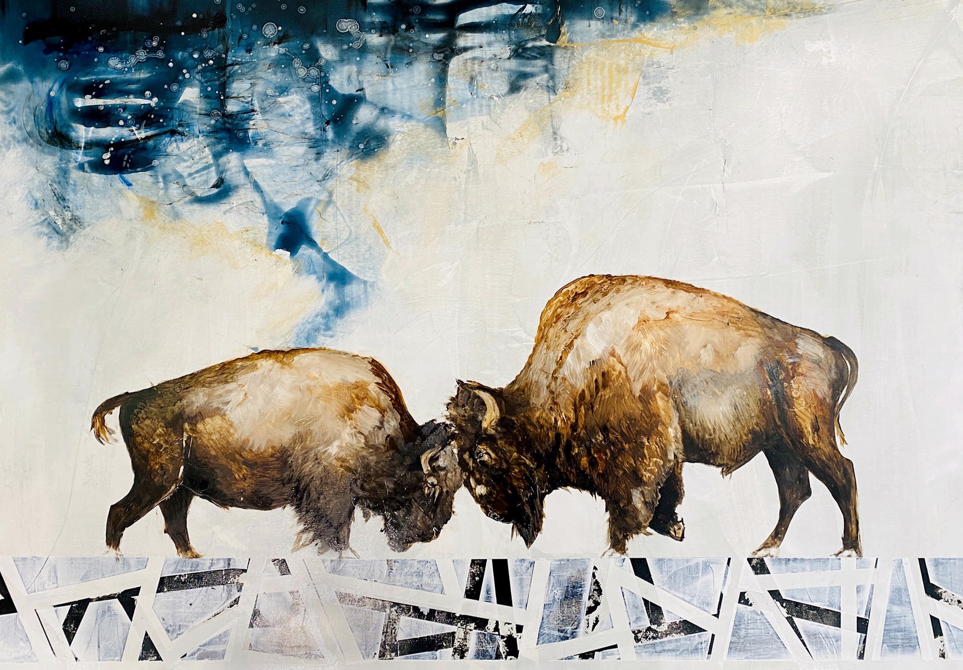 Original Oil Painting Featuring Two Bison Butting Heads Over Abstracted Landscape Background