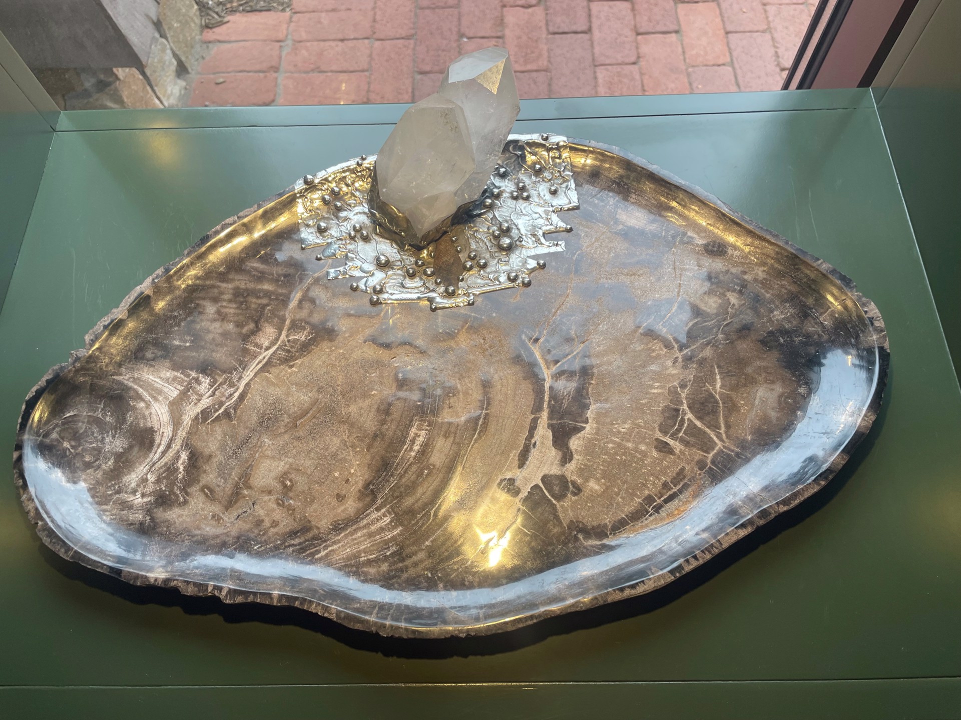 Petrified Wood Platter-Brown with single quartz stone by Trinka 5 Designs