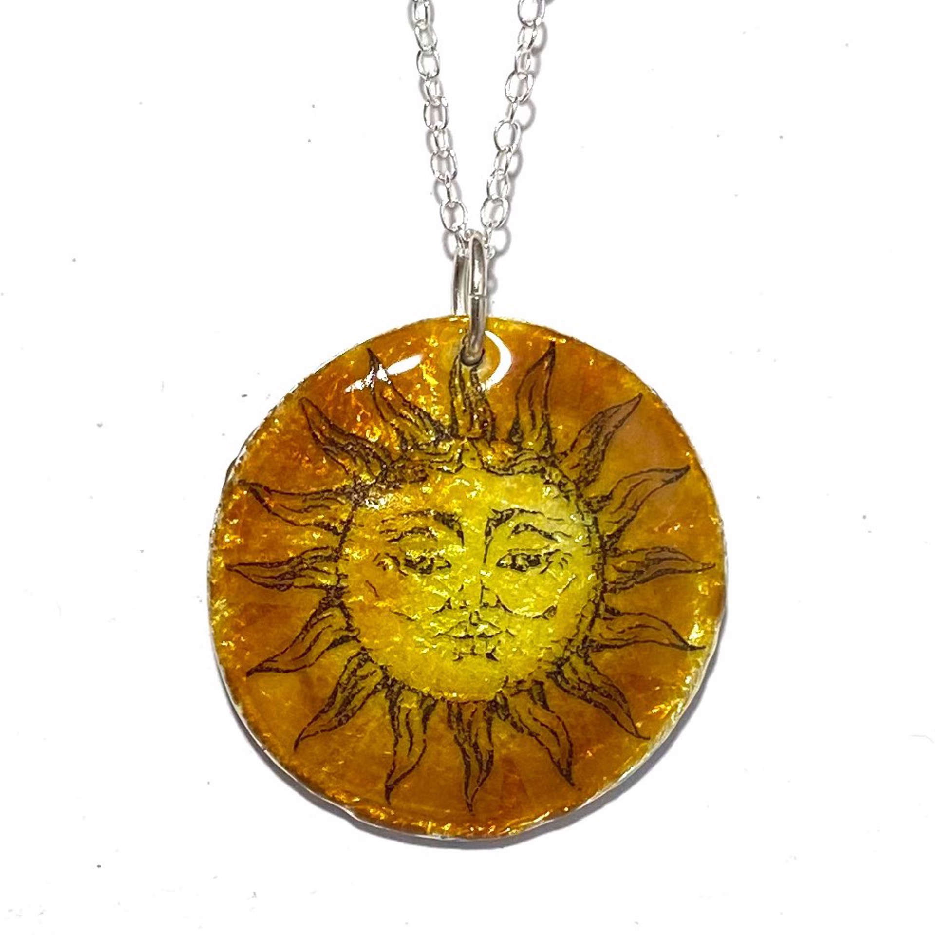 Yellow and Orange Vitreous Enamel Round Pendant ~with a porcelain Sun decal fired on top~18"Silver Chain Necklace by Karen Hakim