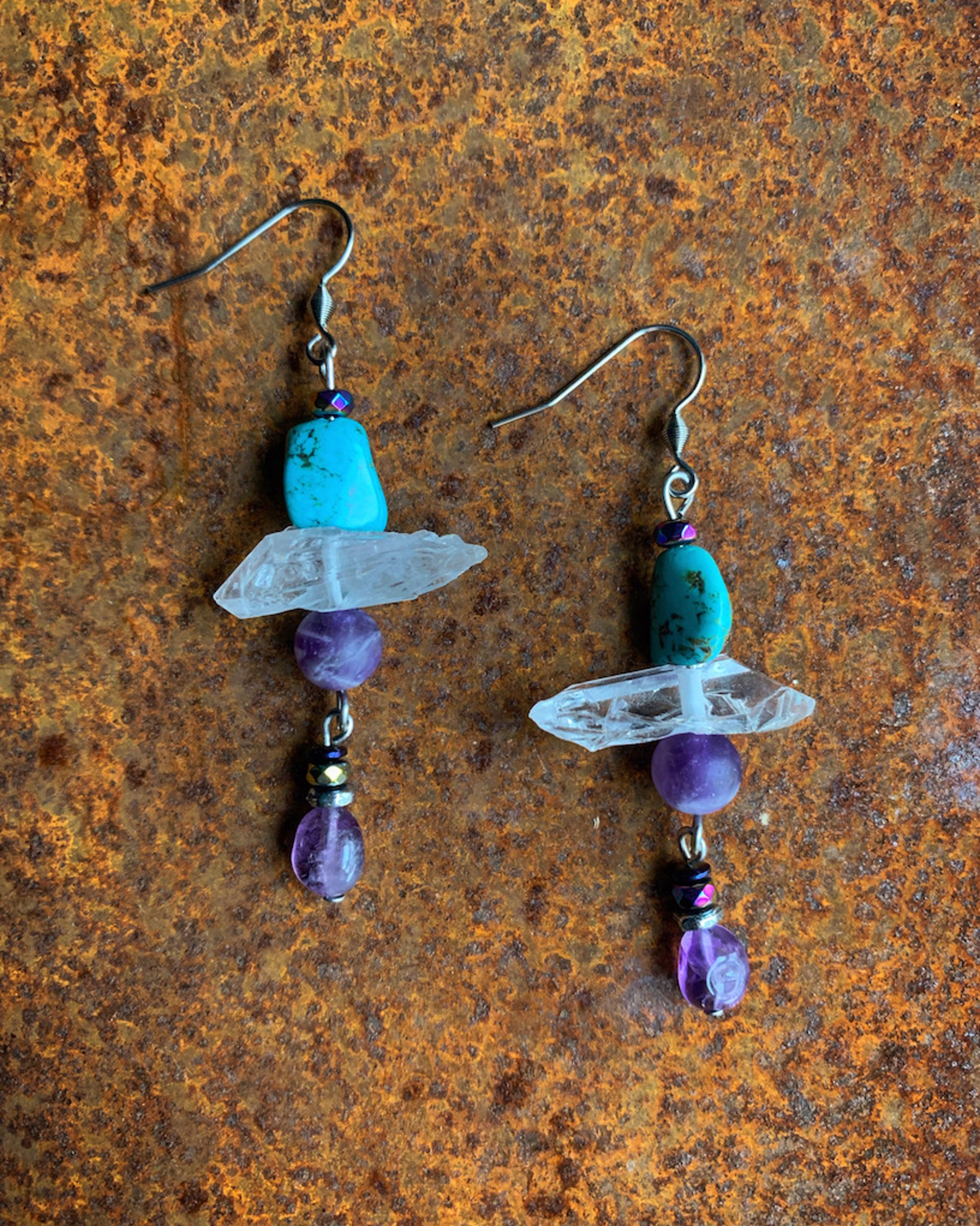 K705 Quartz, Amethyst, and Turquoise Earrings by Kelly Ormsby