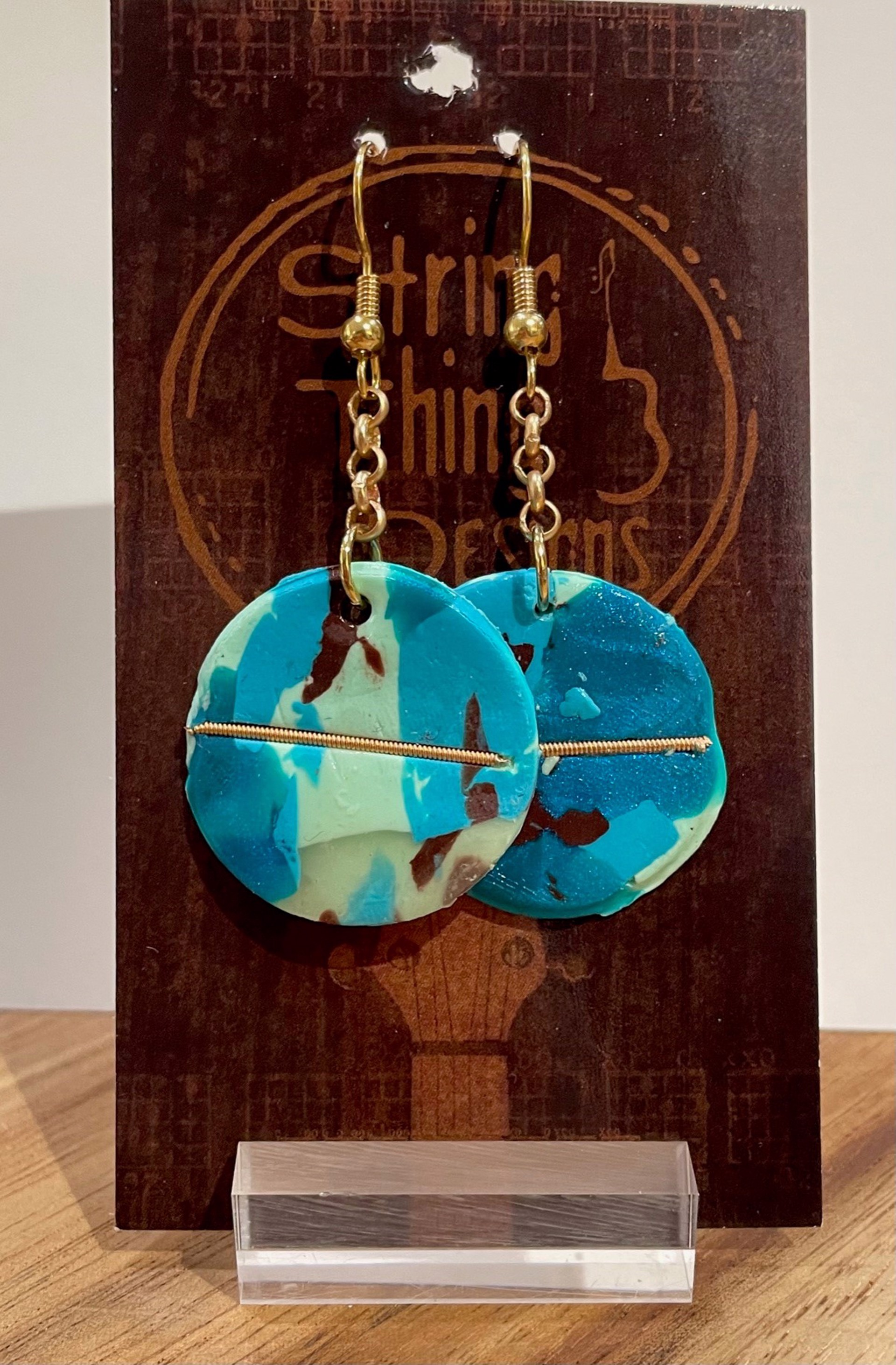 Blue Round Guitar String Earrings by String Thing Designs