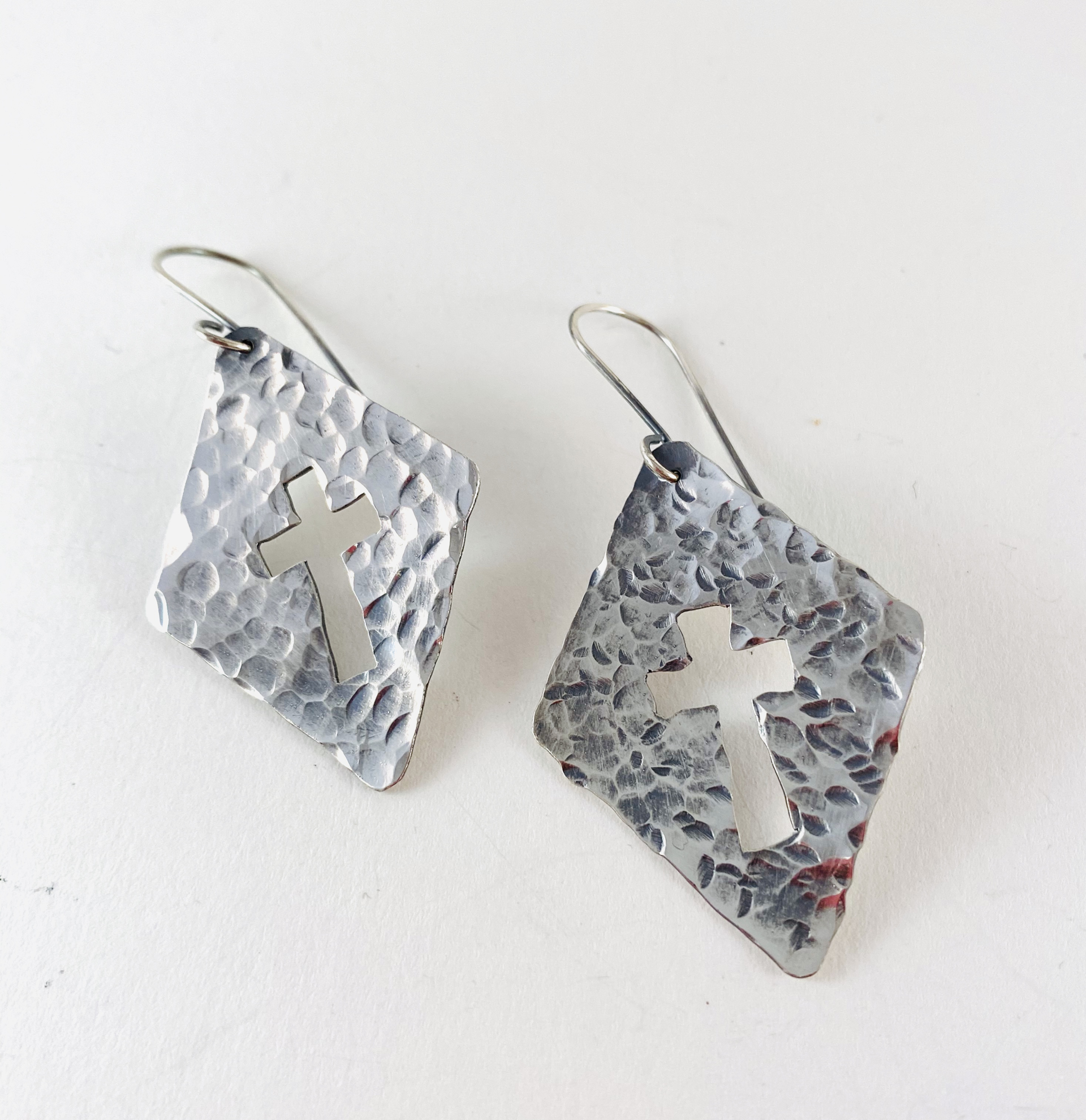AB20-11 Hand Hammered and Cross Cut Out Silver Earrings by Anne Bivens