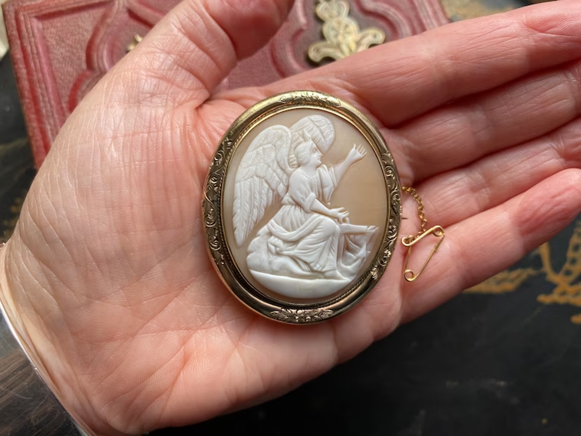 Antique Victorian unusual angel of hope with anchor carved shell cameo brooch /pin by Cameo