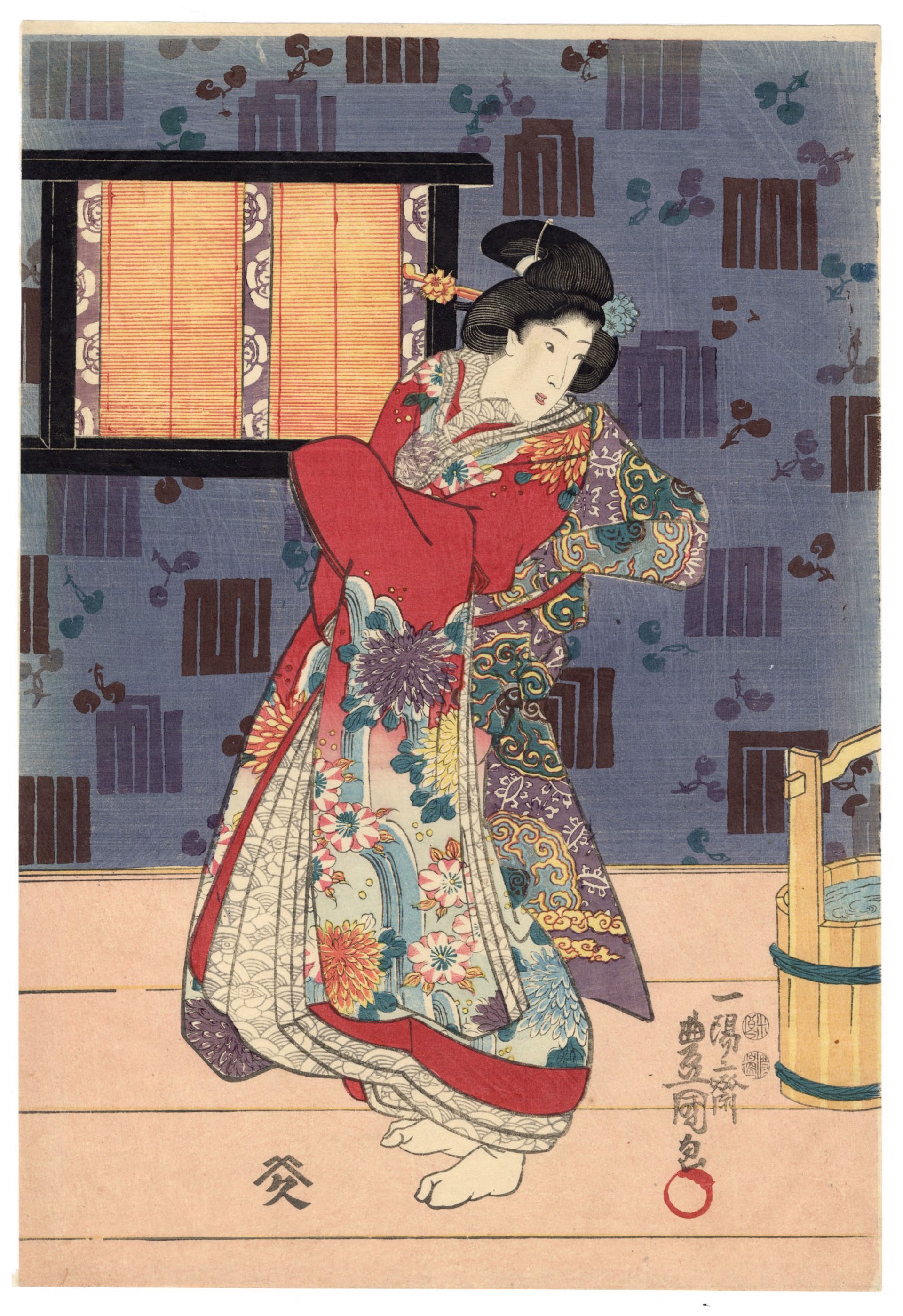 Housecleaning: Genji Peeking Through a Window at Beauties Doing Domestic Chores Genji-e by Kunisada