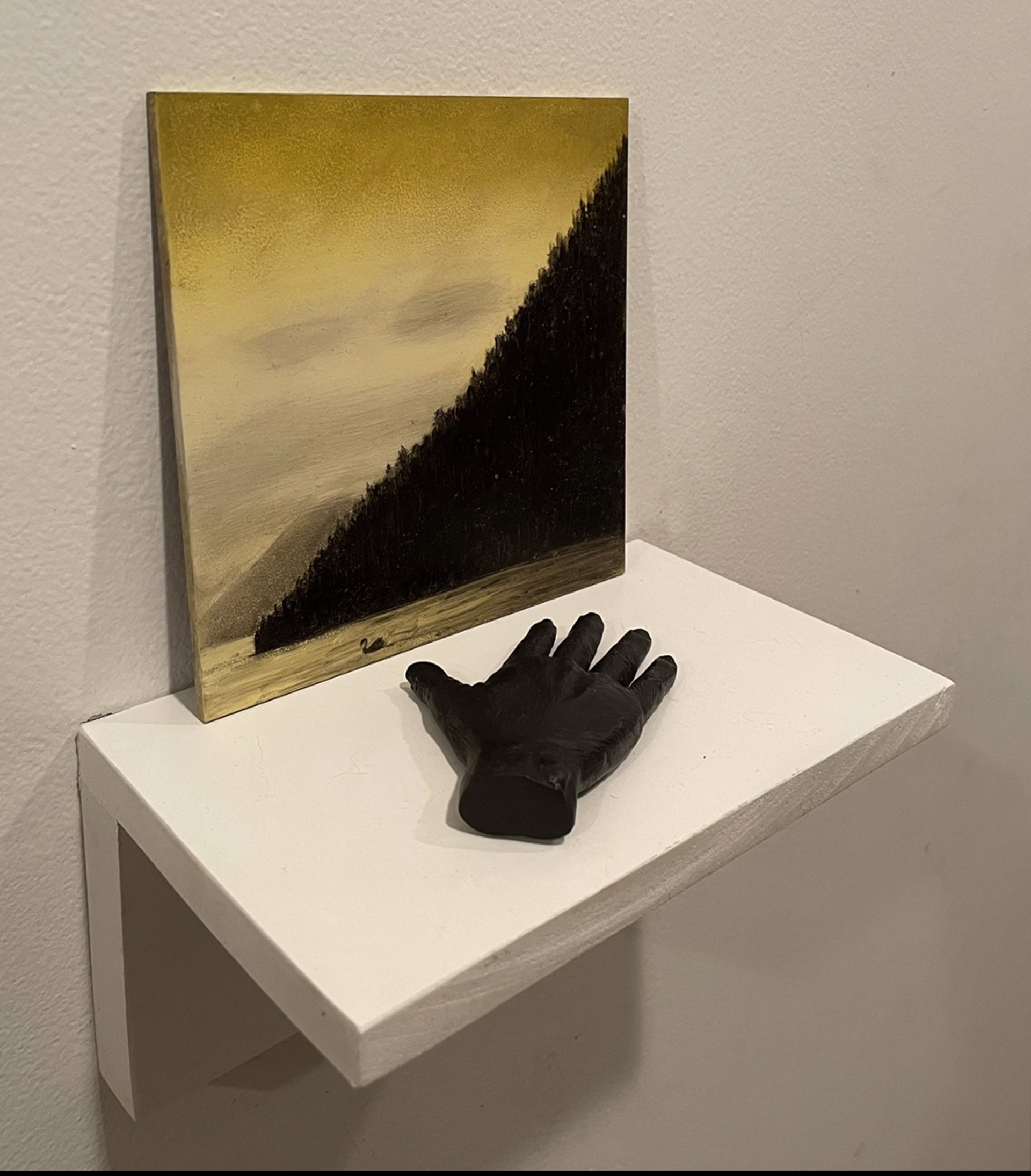Black Swan Fingerpainting (Yellow) with cast bronze hand by Lauren Ewing