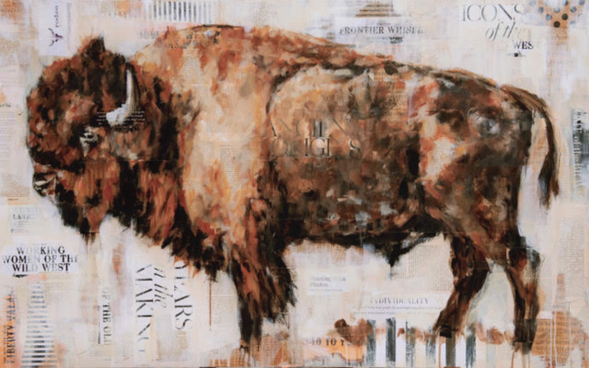 A Contemporary Painting Of A Bull Bison On Collage By Carrie Penley Available At Gallery Wild