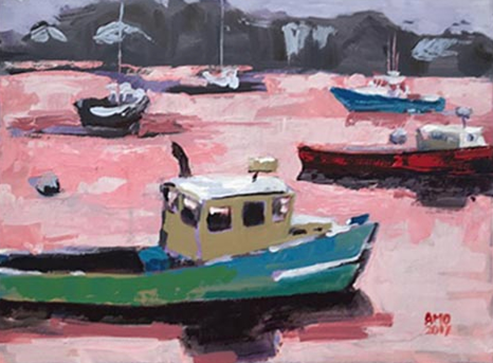 Lobster boats in harbor with pink light by Ann Marie O'Dowd