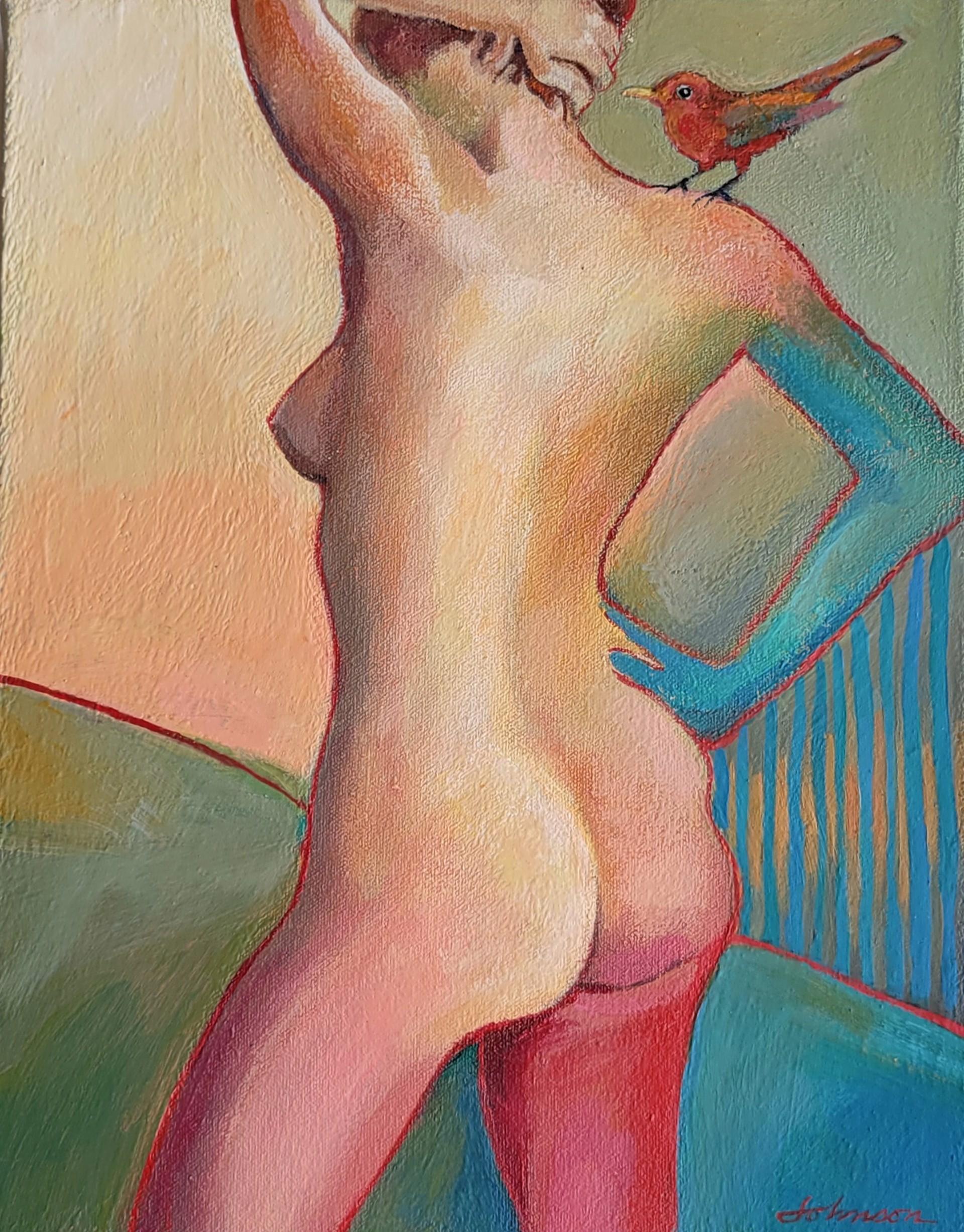 Nude with Red Bird on Shoulder by Nancy Johnson