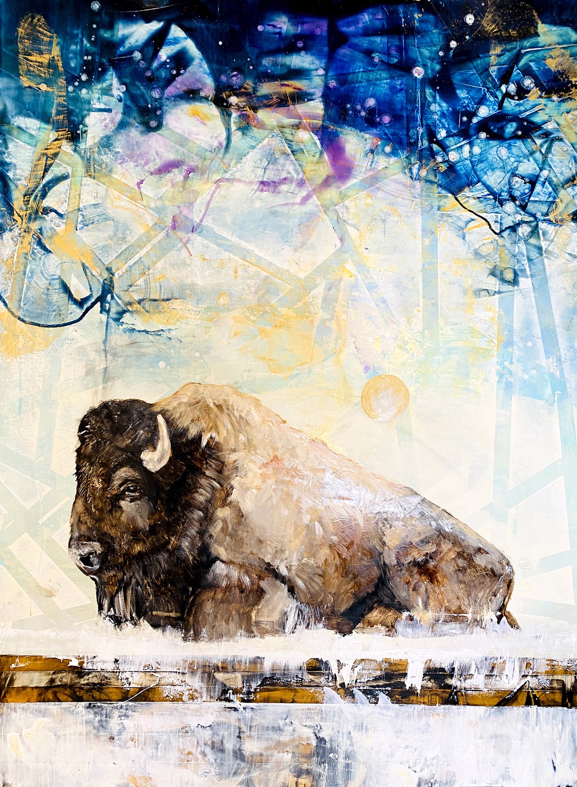 Original Oil Painting Featuring A Laying Bison On Abstract Background Resembling Starry Night Sky