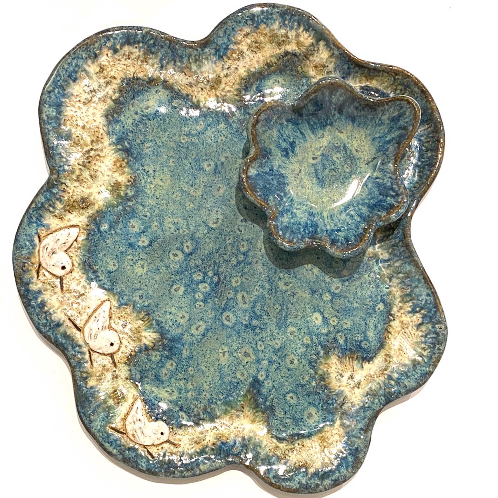 Large Chip N Dip with Three Sandpipers Blue Glaze) LG23-1148 by Jim & Steffi Logan