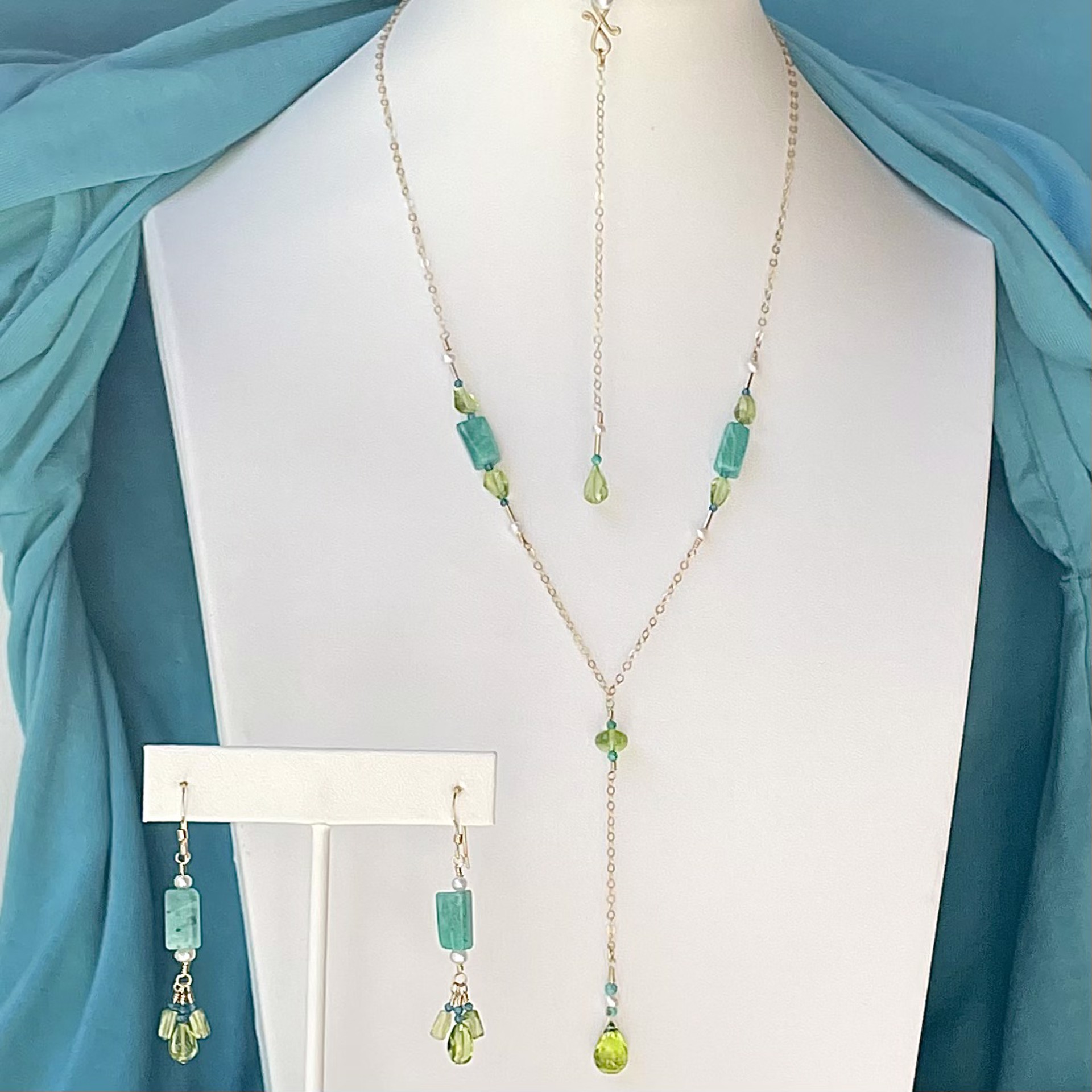 Peridot, Amazonite, Freshwater Pearls, and London Blue Quartz 14k Gold Infinity Set Necklace by Lisa Kelley