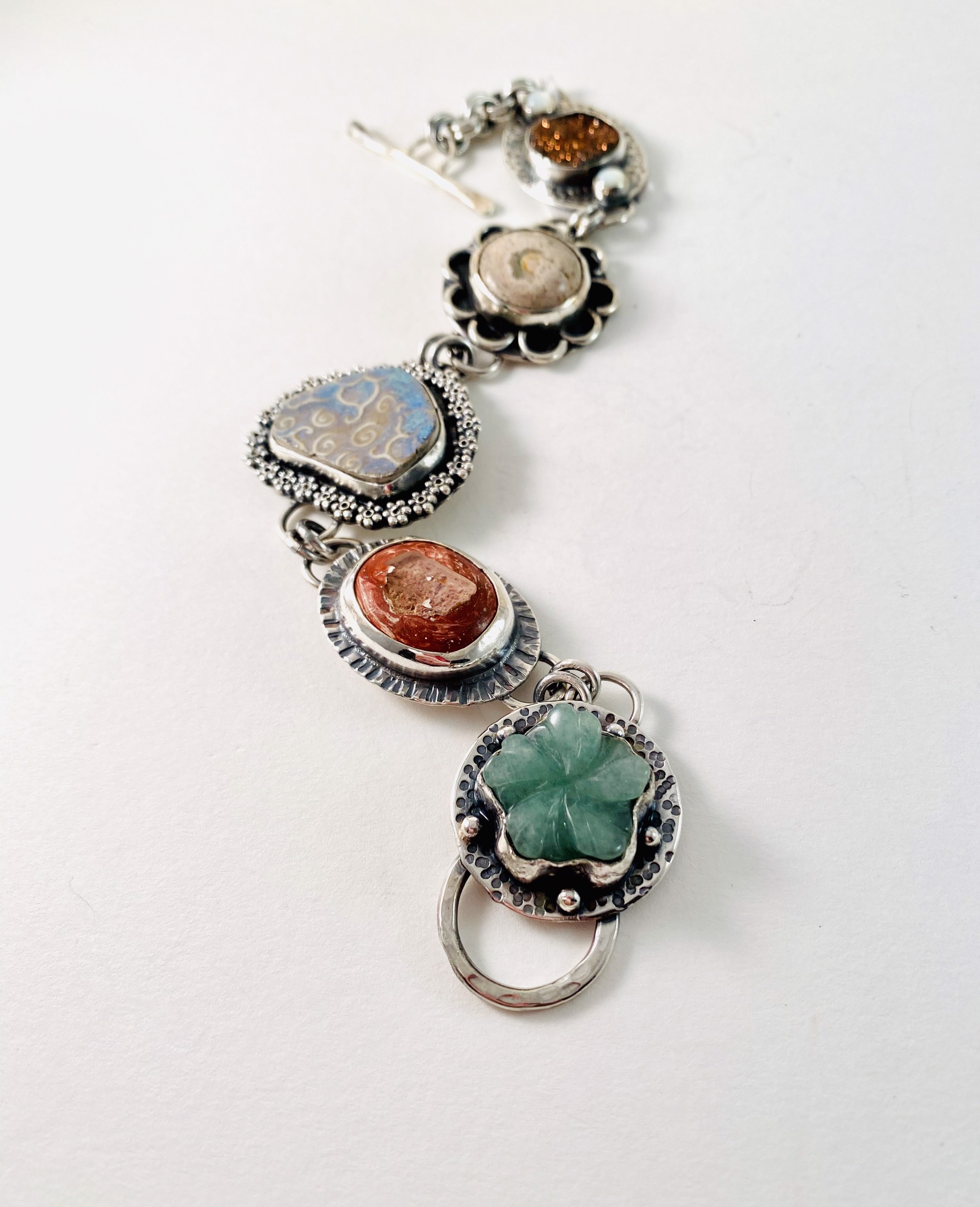 Silver, Carved Adventurine,  Ceramic, Titanium Druzy and Opal #154 Link Bracelet by Anne Bivens